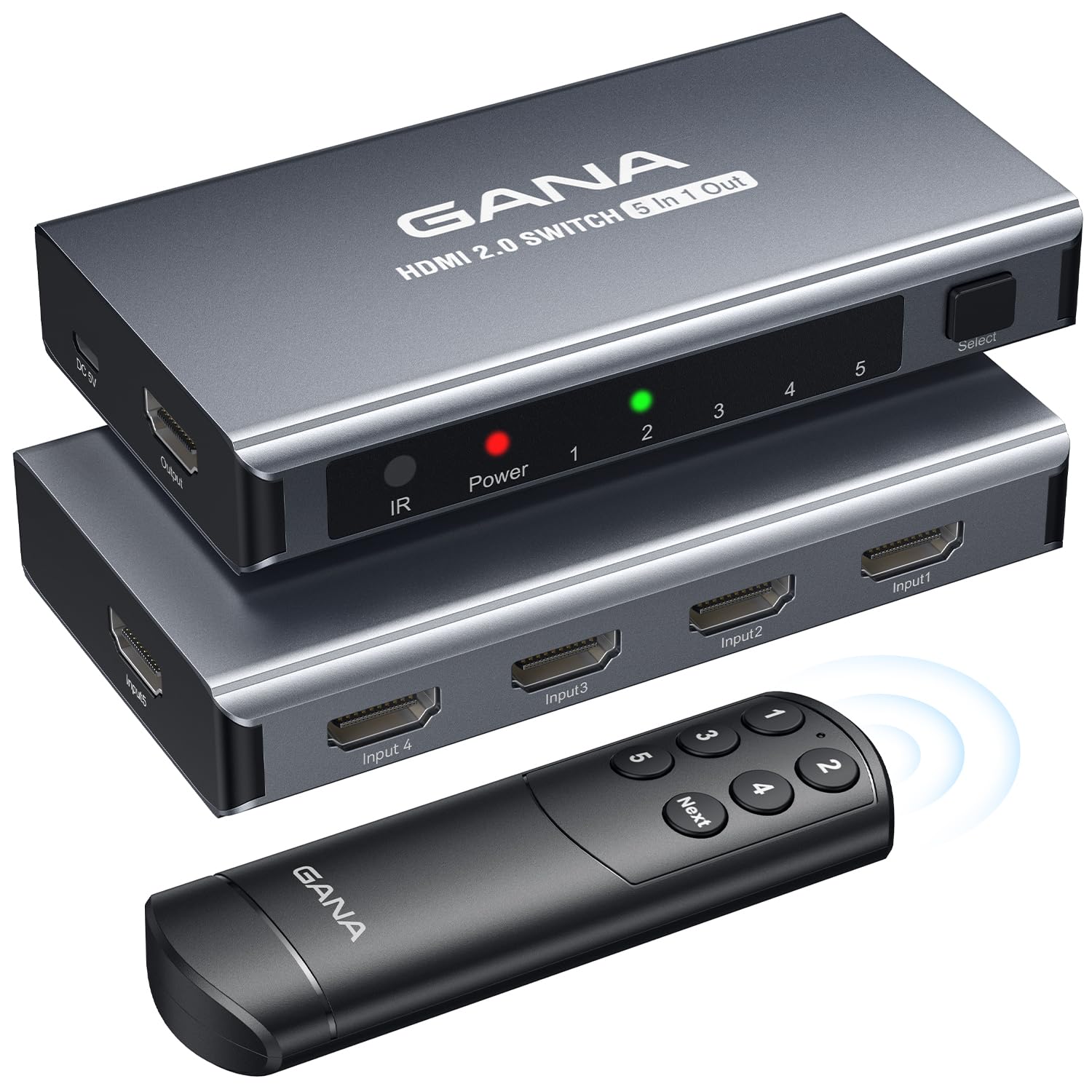HDMI Switch 5 in 1 Out 4K@60Hz, GANA HDMI Splitter Switcher with Remote, Aluminum HDMI 2.0 Switch Box Hub for 3D, HDCP2.2, HDR, Compatible with Xbox, PS5/4/3,Fire Stick,Roku,Blu-Ray Player Gray