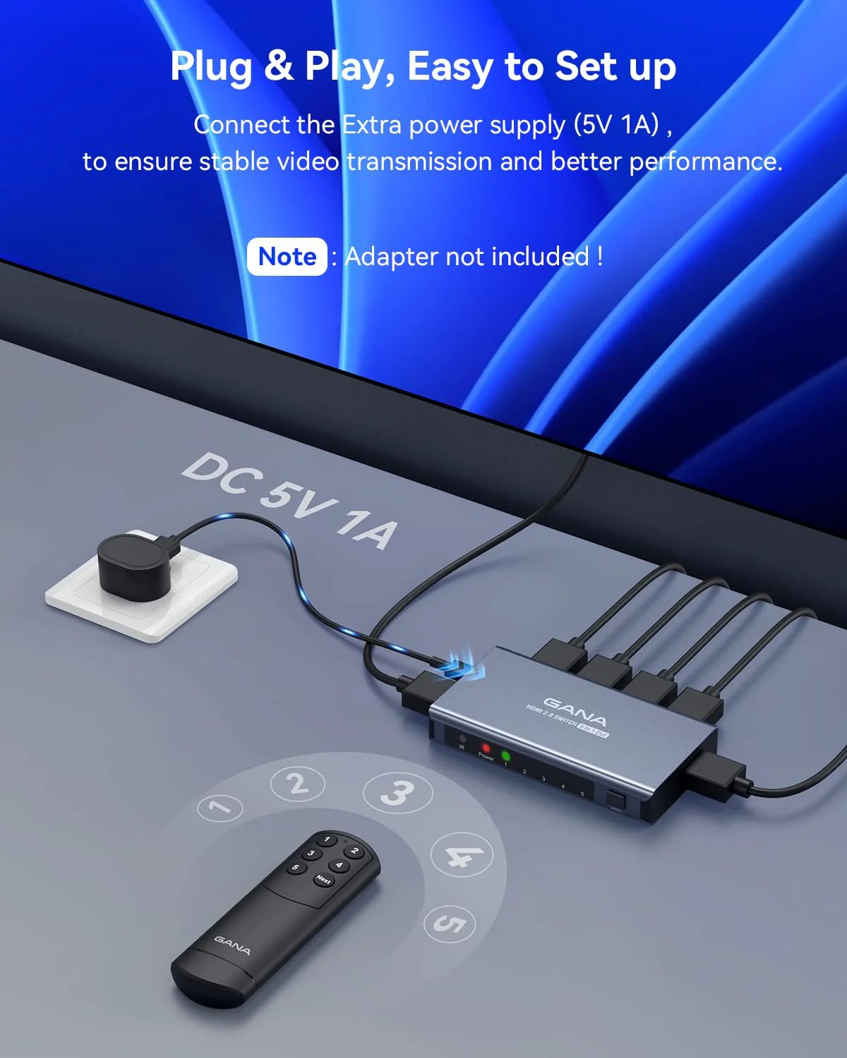 HDMI Switch 5 in 1 Out 4K@60Hz, GANA HDMI Splitter Switcher with Remote, Aluminum HDMI 2.0 Switch Box Hub for 3D, HDCP2.2, HDR, Compatible with Xbox, PS5/4/3,Fire Stick,Roku,Blu-Ray Player Gray - Image 6