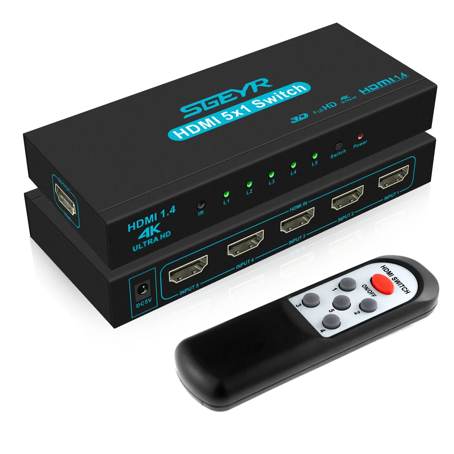 HDMI Switch SGEYR 5x1 HDMI Switcher 5 in 1 Out HDMI Selector 5 Port Box with IR Remote Control HDMI 1.4 HDCP 1.4 Support 4K@30Hz Ultra HD 3D 2160P 1080P Blue