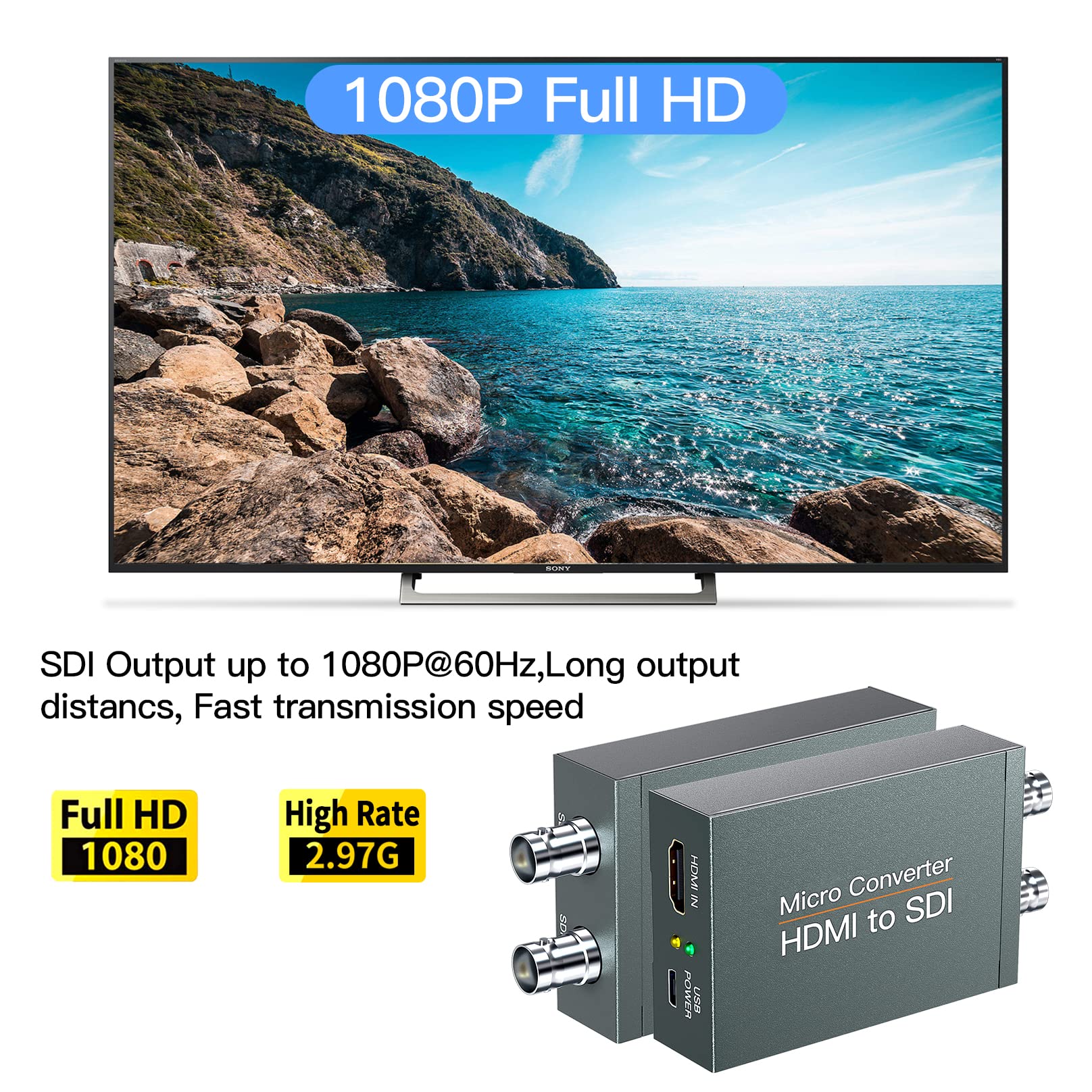 HDMI to SDI, HDMI to 3G-SDI/HD-SDI Converter, Audio Embedder 2 Way SDI Converter Dual SDI Output Adapter Support 1080P for Camera Home Theater - Image 2