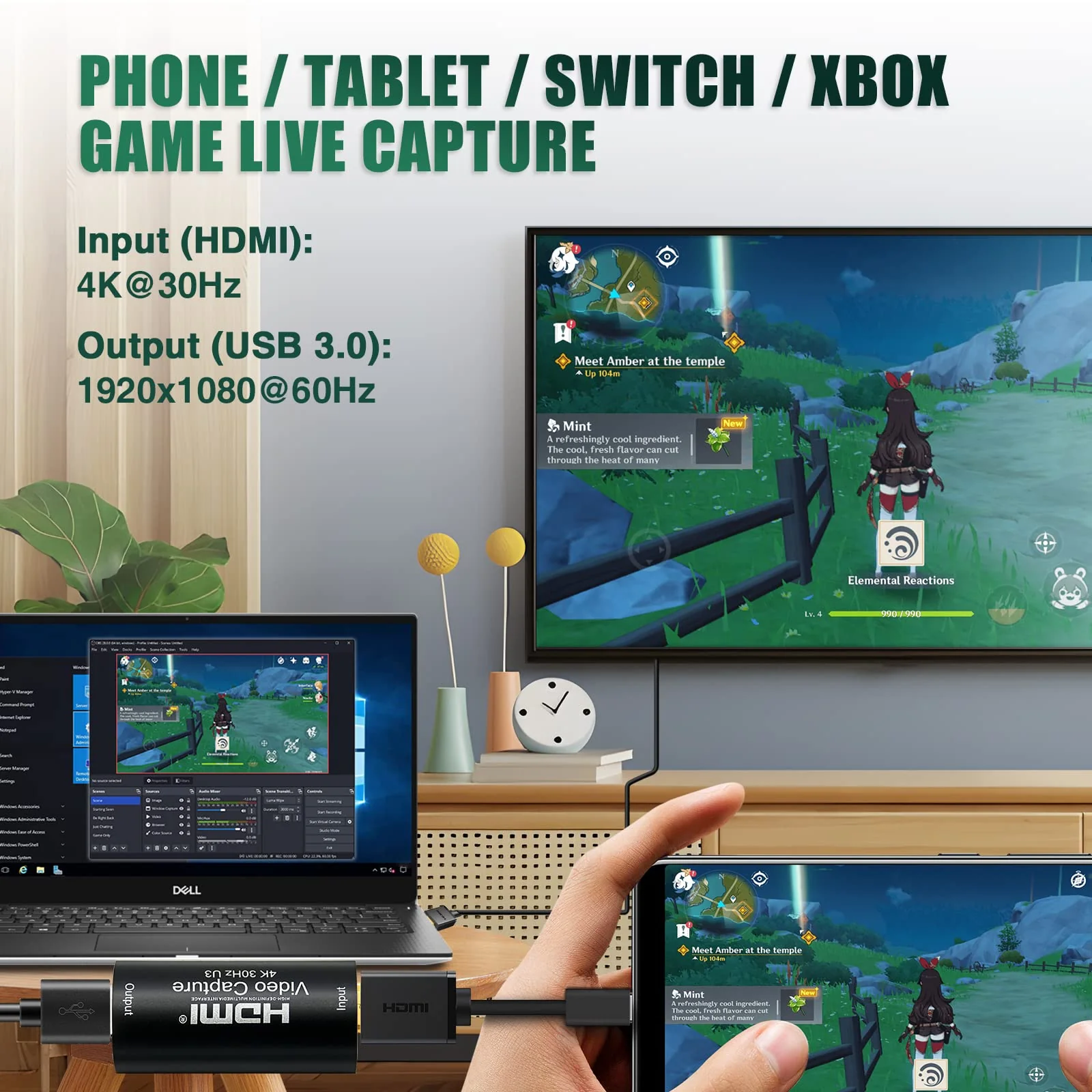 HDMI to USB 3.0 Video Capture Card, Cam Link 1080P60 Game Capture Card Device for Streaming Recorder, Live Broadcasting, Compatible with Nintendo Switch,Xbox,PS4 (VLC/OBS/Amcap) UCH701 USB 3.0 4K HDMI Video Capture Card - Image 2
