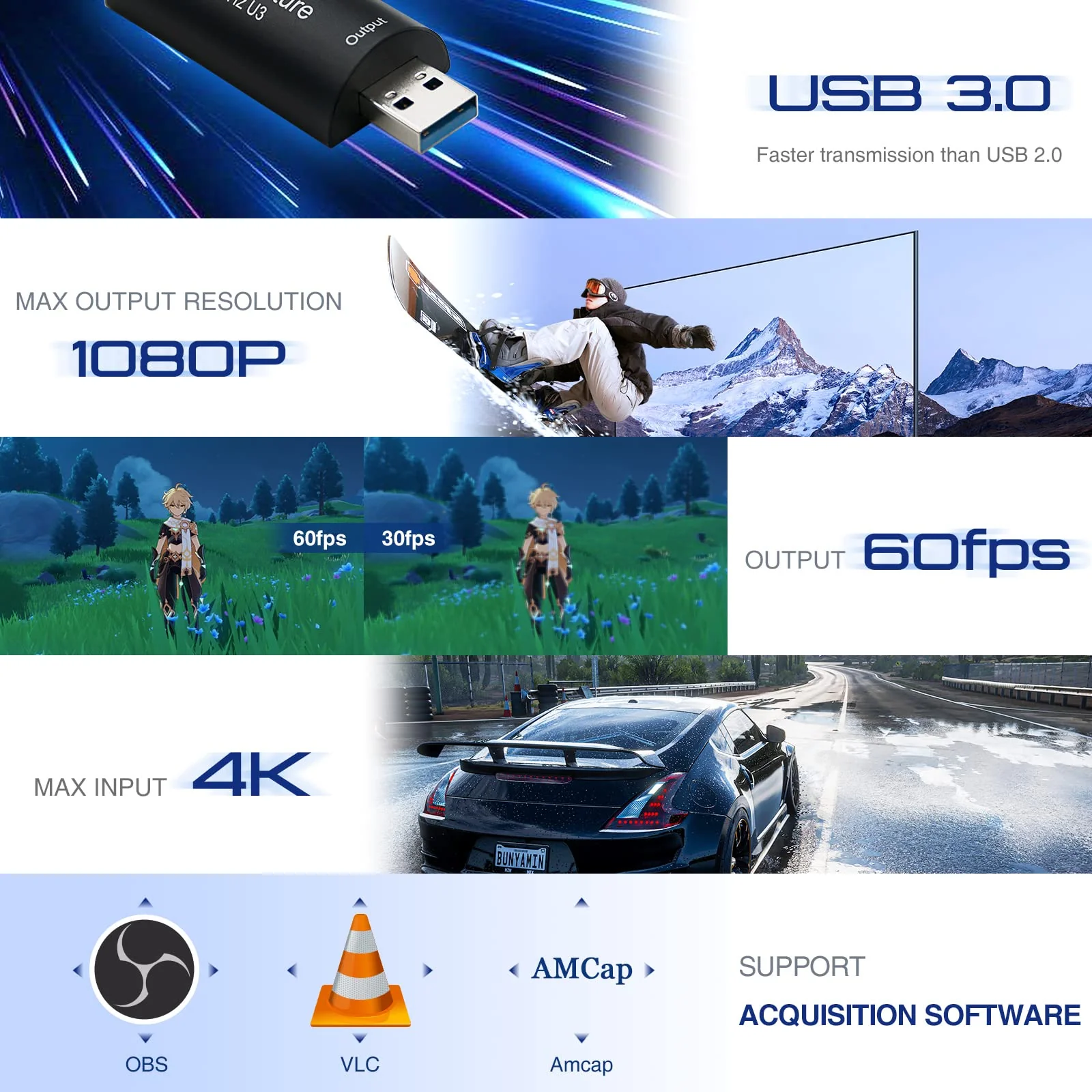 HDMI to USB 3.0 Video Capture Card, Cam Link 1080P60 Game Capture Card Device for Streaming Recorder, Live Broadcasting, Compatible with Nintendo Switch,Xbox,PS4 (VLC/OBS/Amcap) UCH701 USB 3.0 4K HDMI Video Capture Card - Image 3