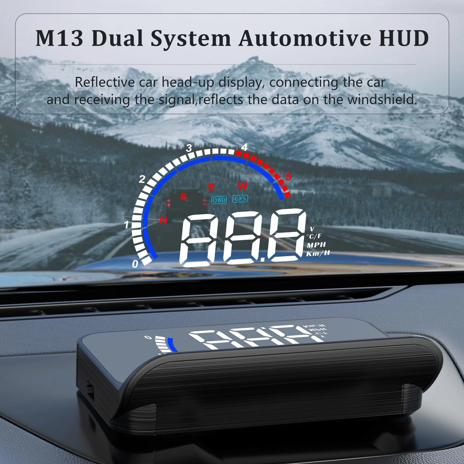 Heads Up Display for Cars Windshield Projection M13, OBD2+GPS Car GPS Speedometer Display Speed, Fuel Consumption, Water Temperature and Multiple Alarm Functions Suitable for All Cars m13plus - Image 2