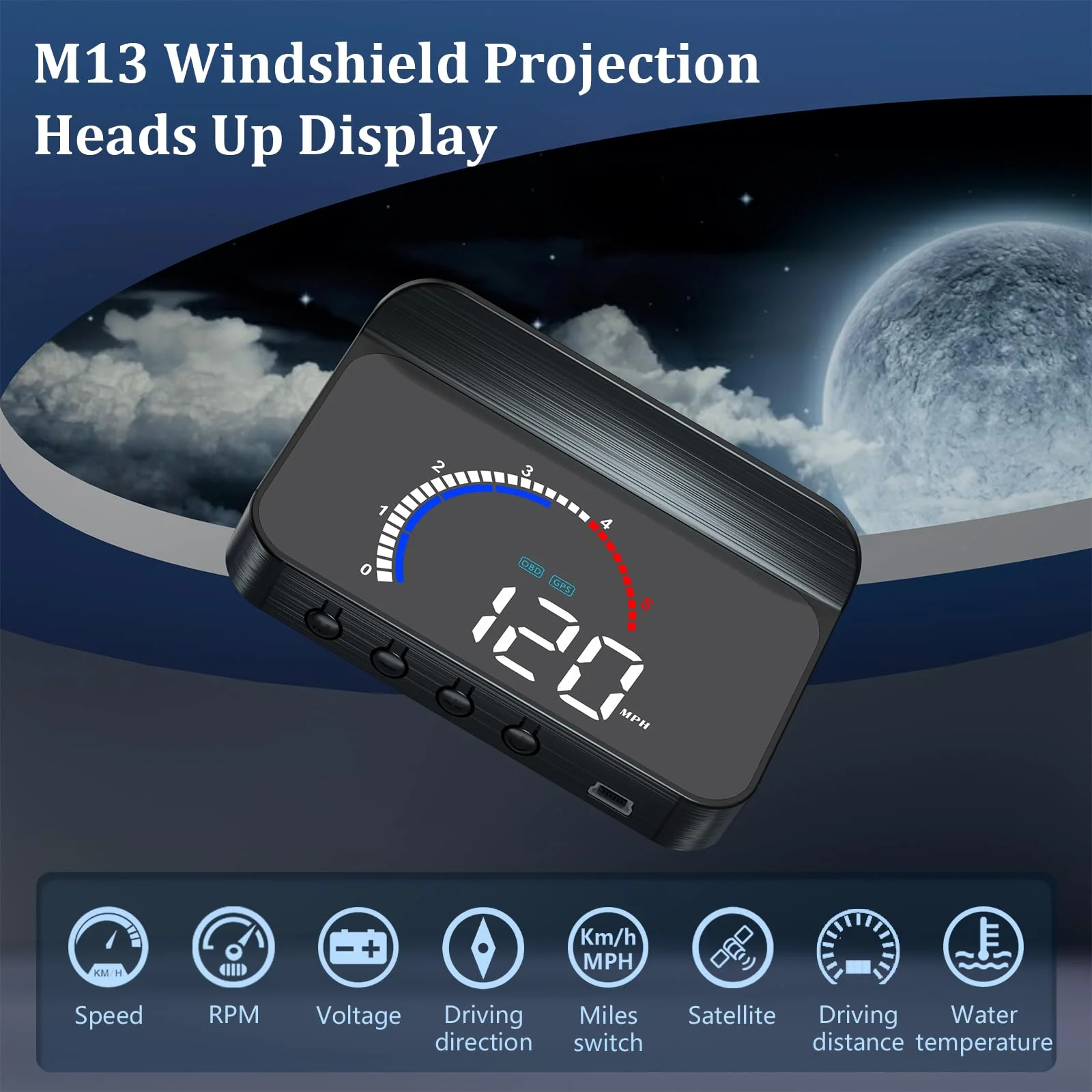 Heads Up Display for Cars Windshield Projection M13, OBD2+GPS Car GPS Speedometer Display Speed, Fuel Consumption, Water Temperature and Multiple Alarm Functions Suitable for All Cars m13plus - Image 3
