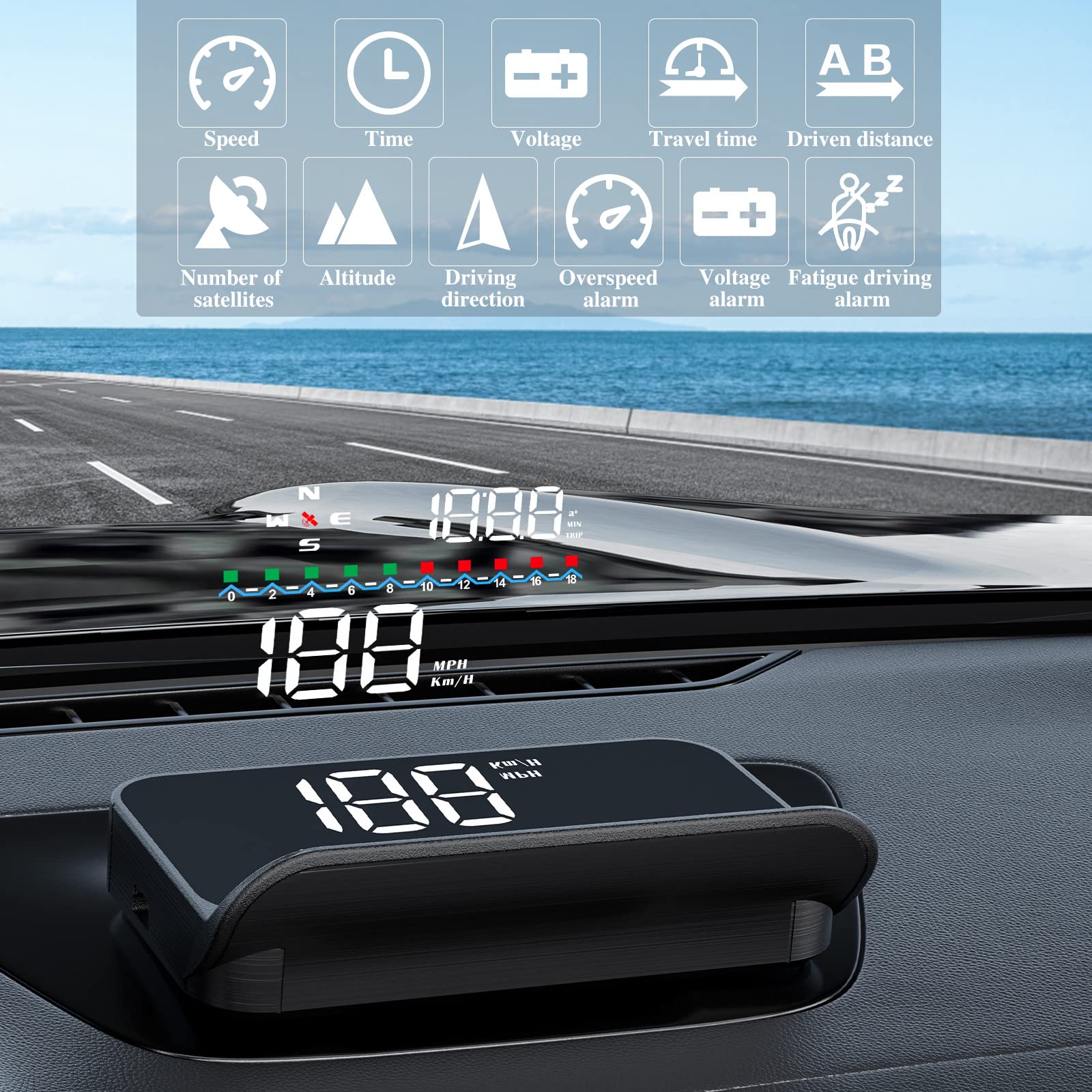 Heads Up Display with GPS Speedometer M19, Universal in-Car HUD with High Speed Warning, Fatigue Driving Alert, Voltage Alarm Speed, Driving Distance and Compass Direction - Image 3