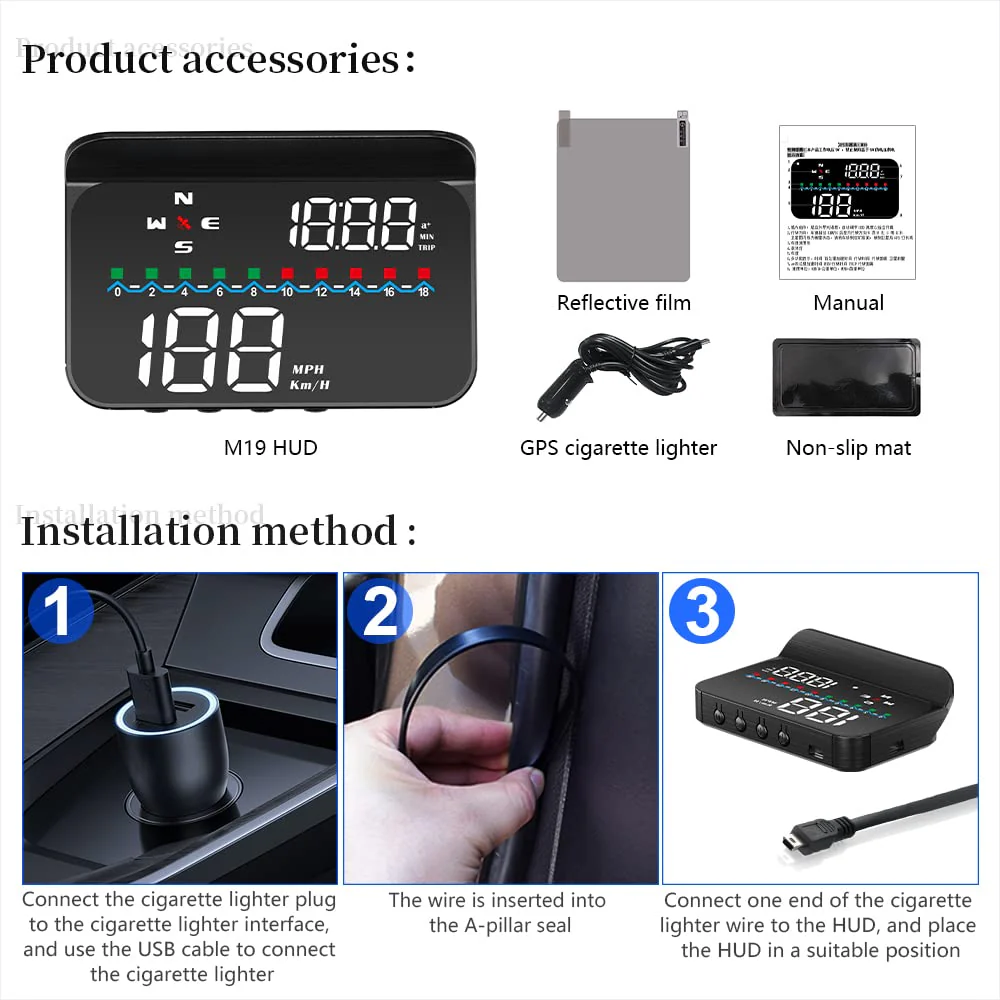 Heads Up Display with GPS Speedometer M19, Universal in-Car HUD with High Speed Warning, Fatigue Driving Alert, Voltage Alarm Speed, Driving Distance and Compass Direction - Image 9