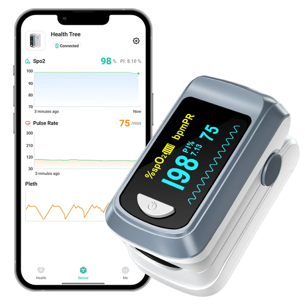 HealthTree Blood Oxygen Saturation Monitor and Heart Rate Monitor for Apple and Android with OLED Screen Included, 2 AAA Batteries and Lanyard Grey