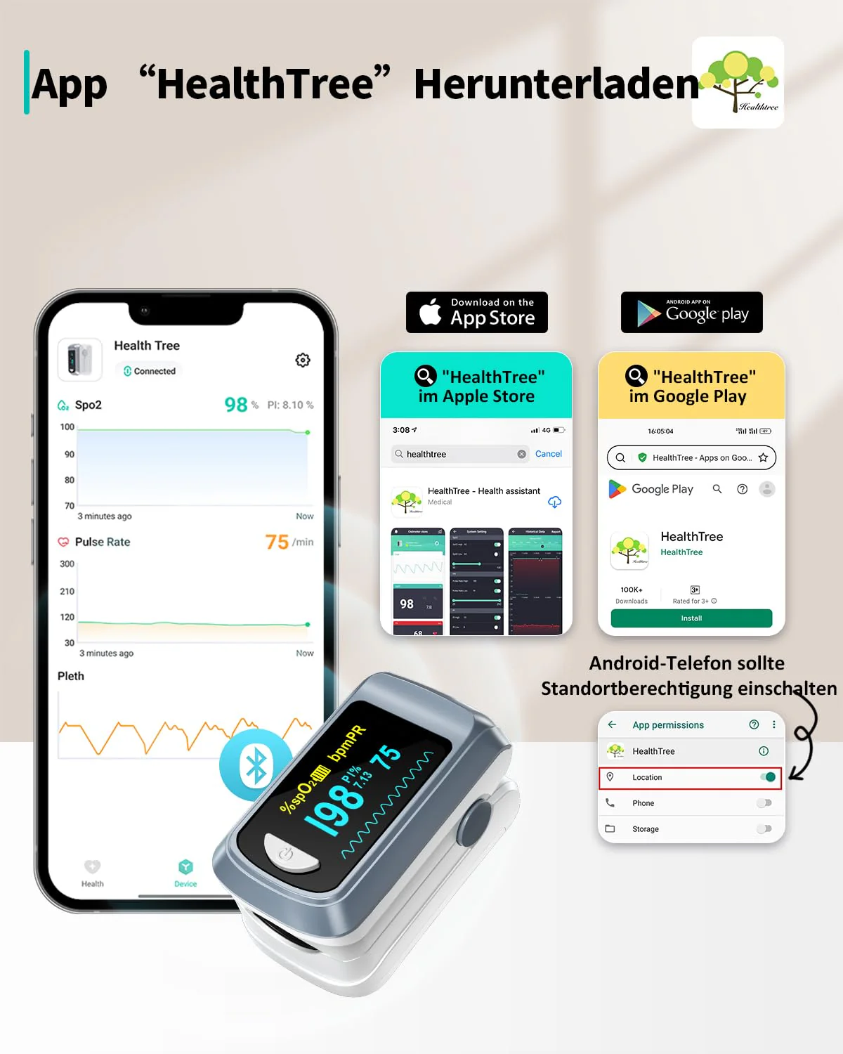 HealthTree Blood Oxygen Saturation Monitor and Heart Rate Monitor for Apple and Android with OLED Screen Included, 2 AAA Batteries and Lanyard Grey - Image 2