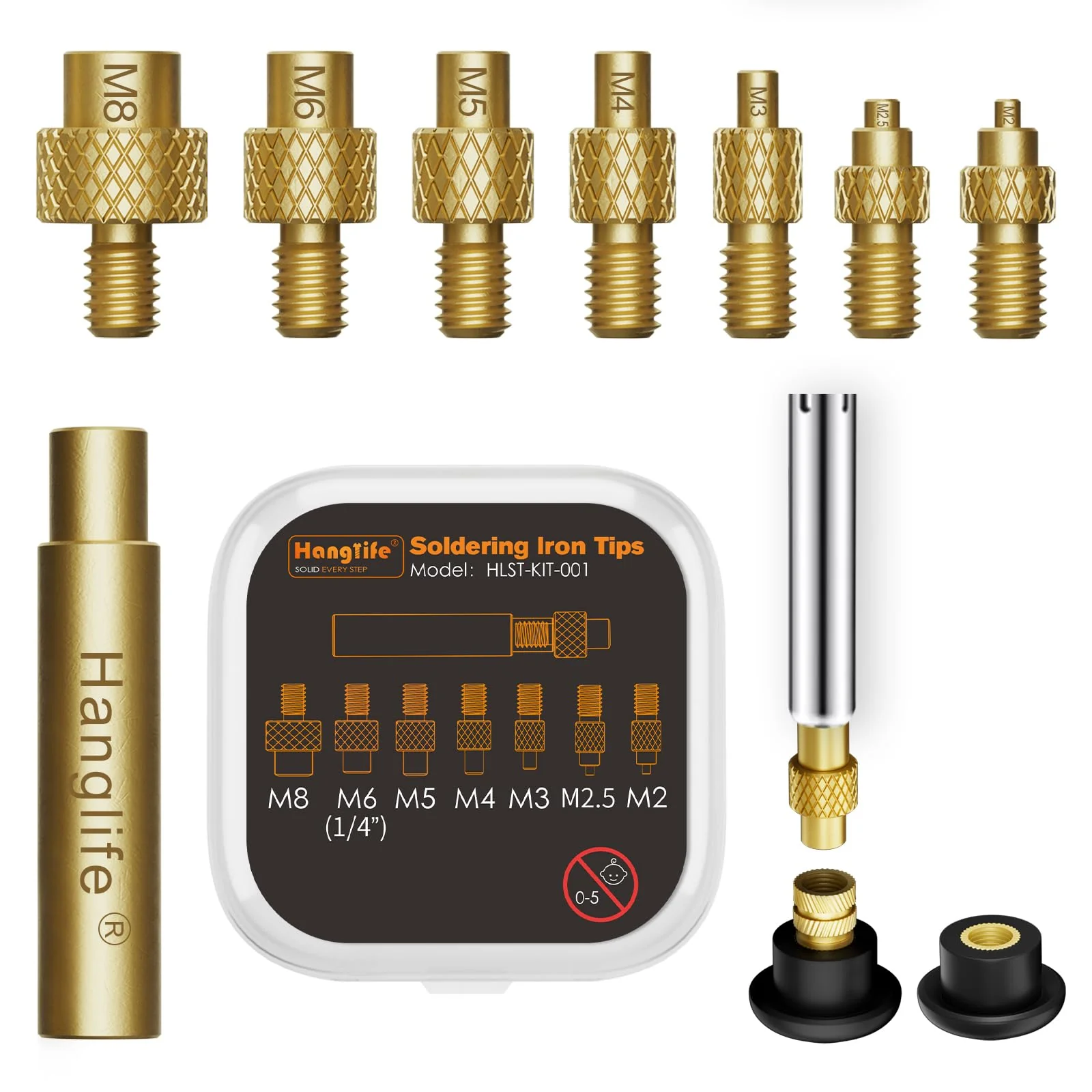 Heat-Set Insert Tips for Threaded Inserts M2 M2.5 M3 M4 M5 M6 M8, Soldering Iron Tips Compatible with Weller SP40NUS/Hakko FX-888D/900M/T18 Irons- Press Tool for Plastic 3D Printer Components Tip Change - 7 Sizes