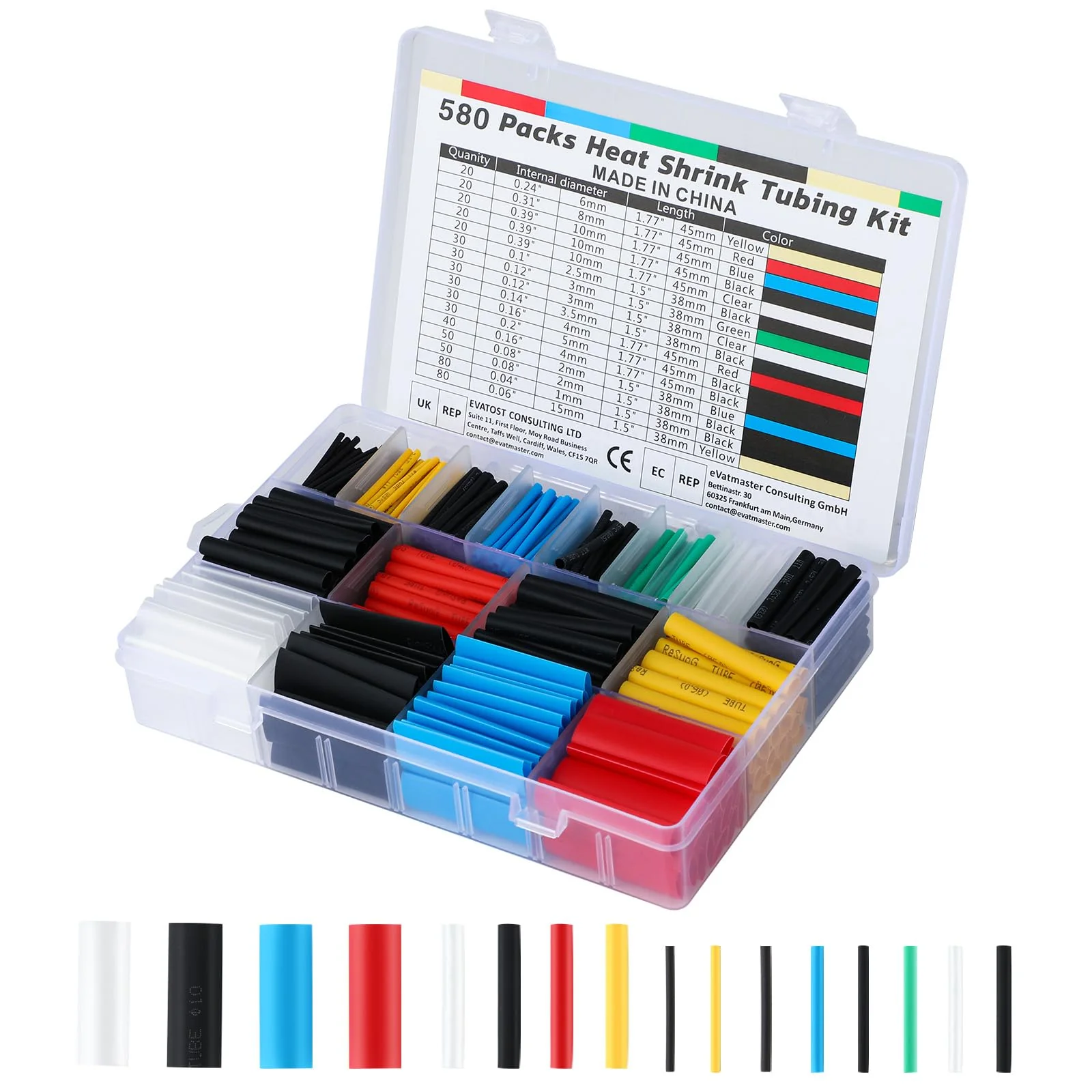 Heat Shrink Tube Set, Heat Shrink Tubing 2:1 Ratio, 580 Pieces Heat Shrink Tubing, for Connecting, Rust Protection, Water Resistance and Insulation of Cables in Households or Industries