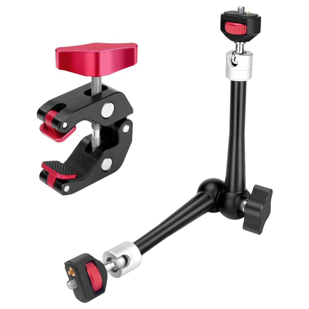HEMMOTOP 11in Magic Arm Camera Mount Clamp, Max. Payload 5.5 LBS Articulating Arm with Anti-Twist Pins, Rotatable Pads, Adjustable Friction Arm for Monitor, LED Light, Camera Video Rig MS02 11 in