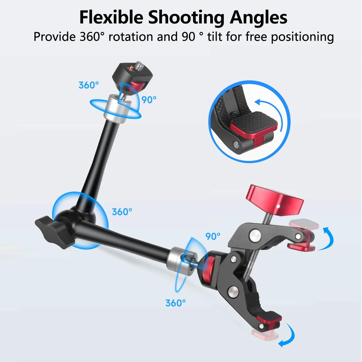 HEMMOTOP 11in Magic Arm Camera Mount Clamp, Max. Payload 5.5 LBS Articulating Arm with Anti-Twist Pins, Rotatable Pads, Adjustable Friction Arm for Monitor, LED Light, Camera Video Rig MS02 11 in - Image 5