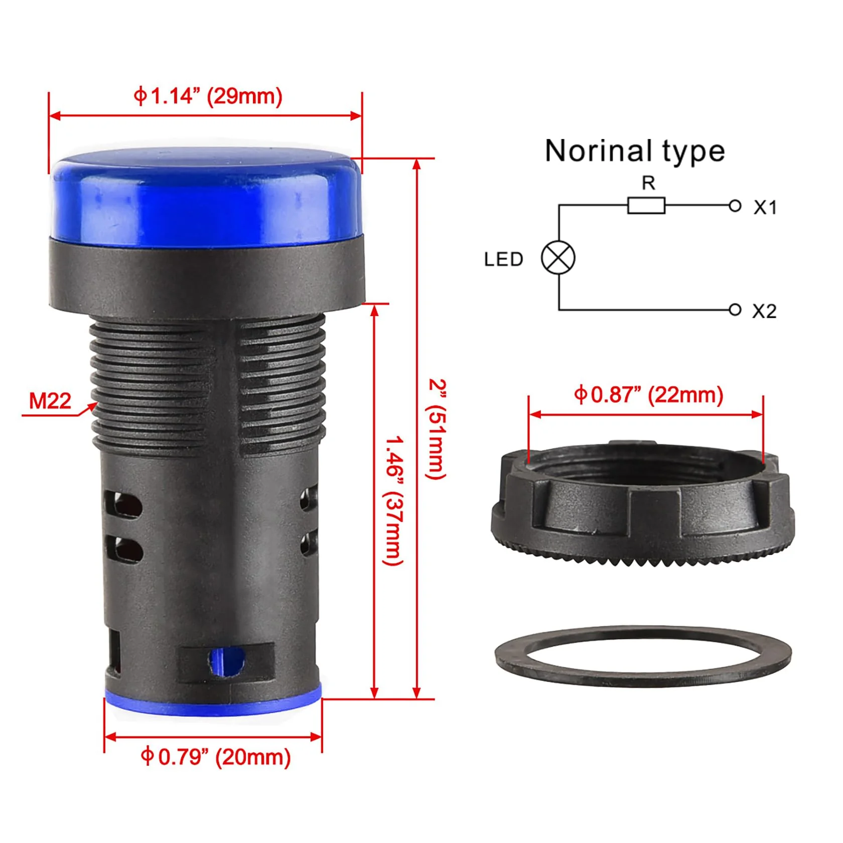 Heschen 22mm LED Indicator Light AD16-22D/S 220VAC 20mA Blue Light Color (Pack of 5) - Image 2