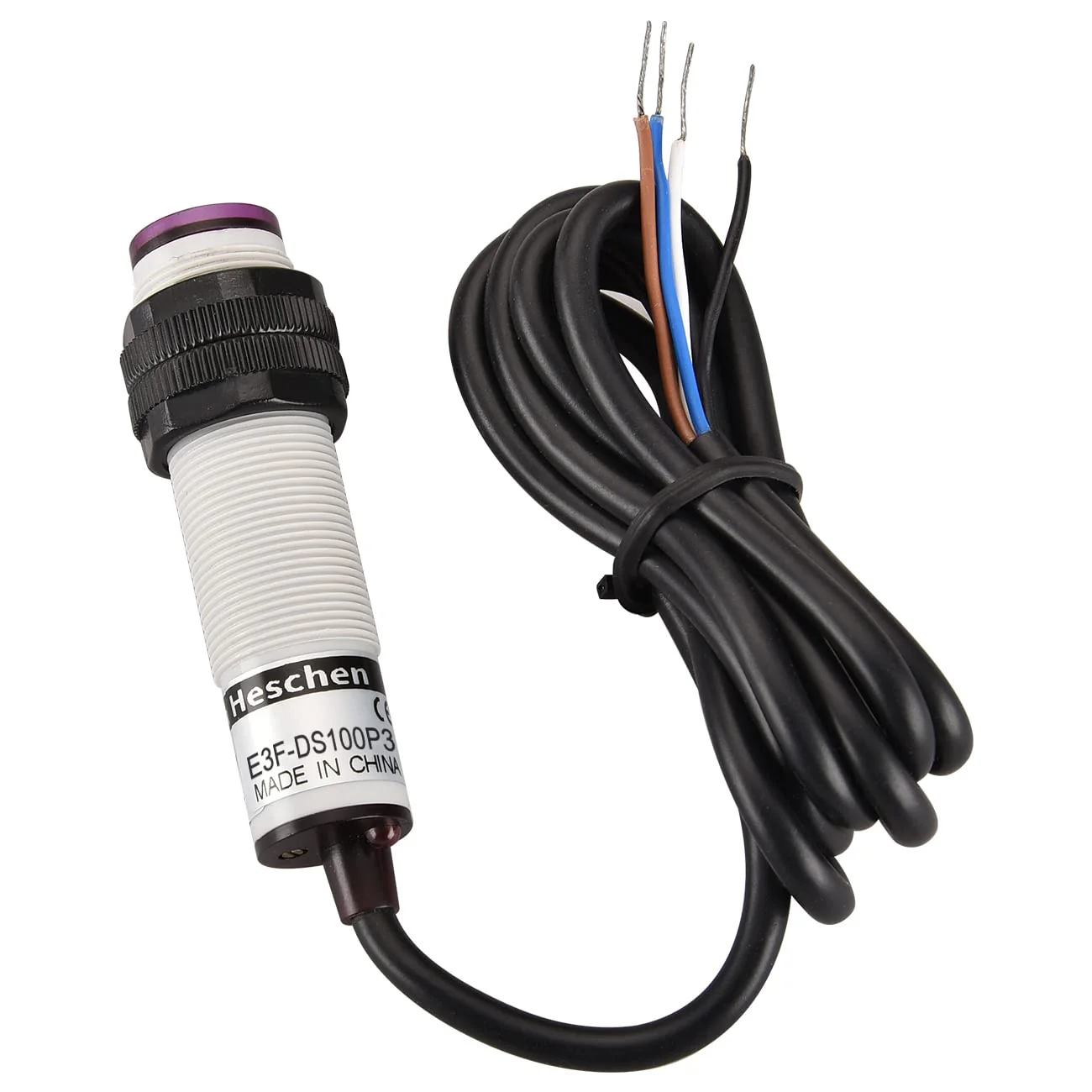 Heschen M18 Column Infrared Photoelectric Proximity Switch, Diffuse Reflection Type, E3F-DS100P3, Detection Distance 10-100CM, 10-30VDC 200mA, PNP NO+NC, 4 Wire - Image 2