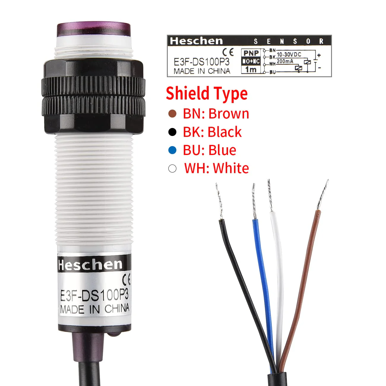 Heschen M18 Column Infrared Photoelectric Proximity Switch, Diffuse Reflection Type, E3F-DS100P3, Detection Distance 10-100CM, 10-30VDC 200mA, PNP NO+NC, 4 Wire - Image 5