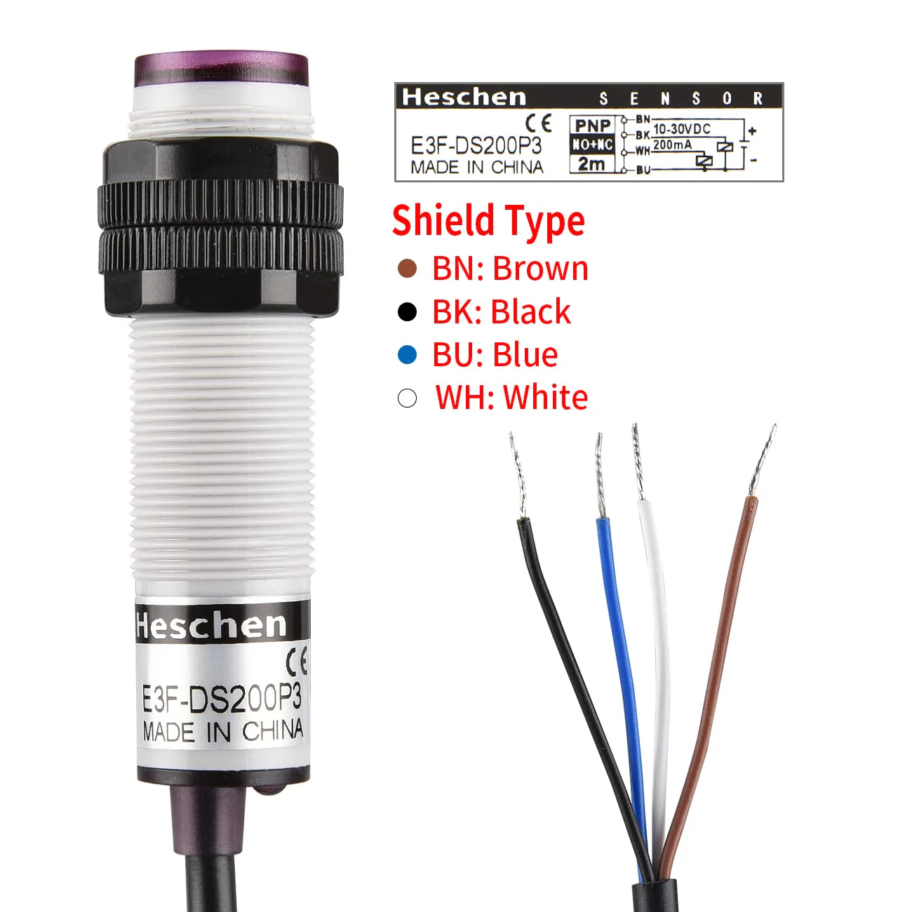 Heschen M18 Column Infrared Photoelectric Proximity Switch, Diffuse Reflection Type, E3F-DS200P3, Detection Distance 10-200CM, 10-30VDC 200mA, PNP NO+NC, 4 Wire - Image 5