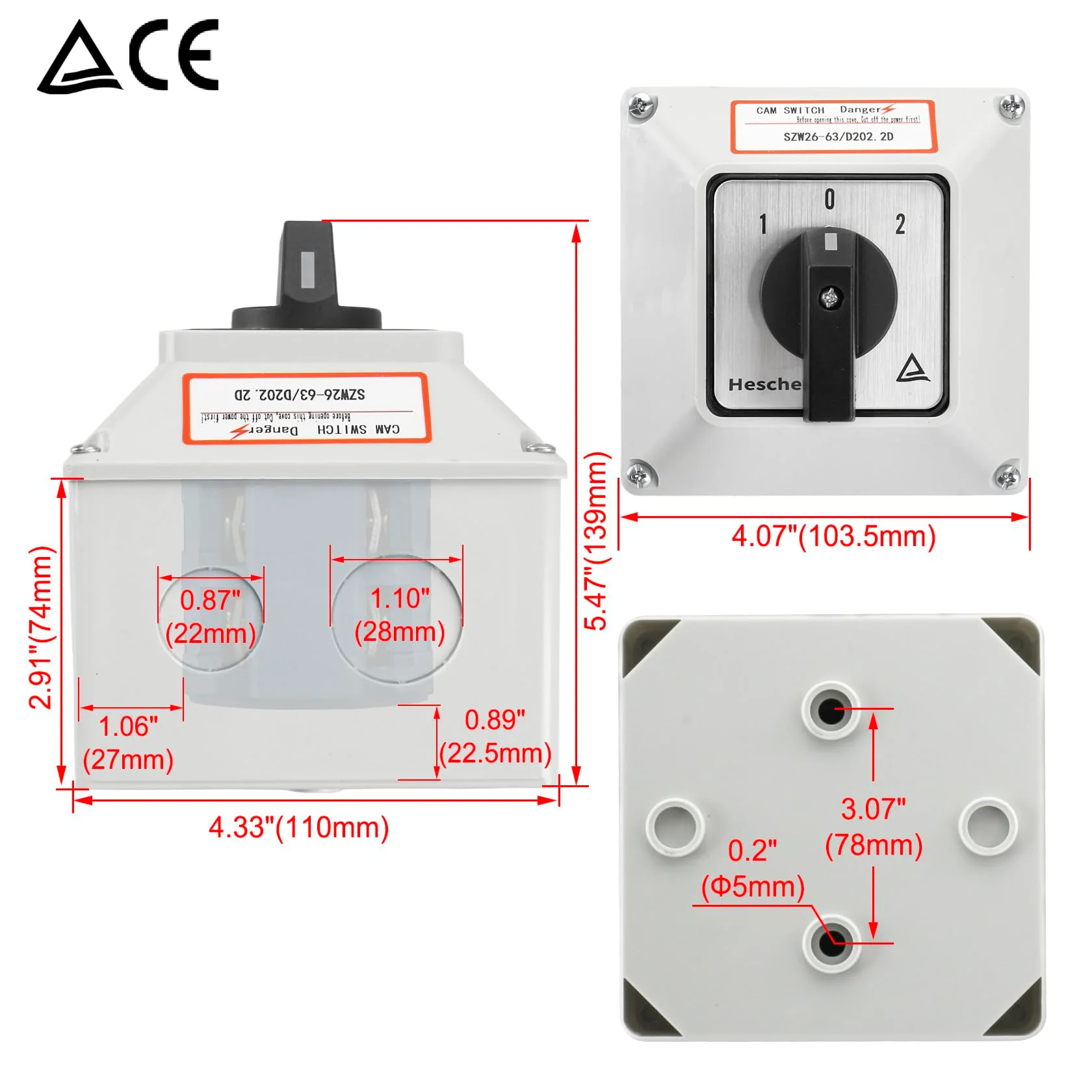 Heschen Universal Rotary Cam Selector Changeover Switch, SZW26-63/D202.2D, 660V 63A, ON-Off-ON, 3 Position 2 Phase 8 Terminals, with Master Switch Exterior Box, Gray - Image 2