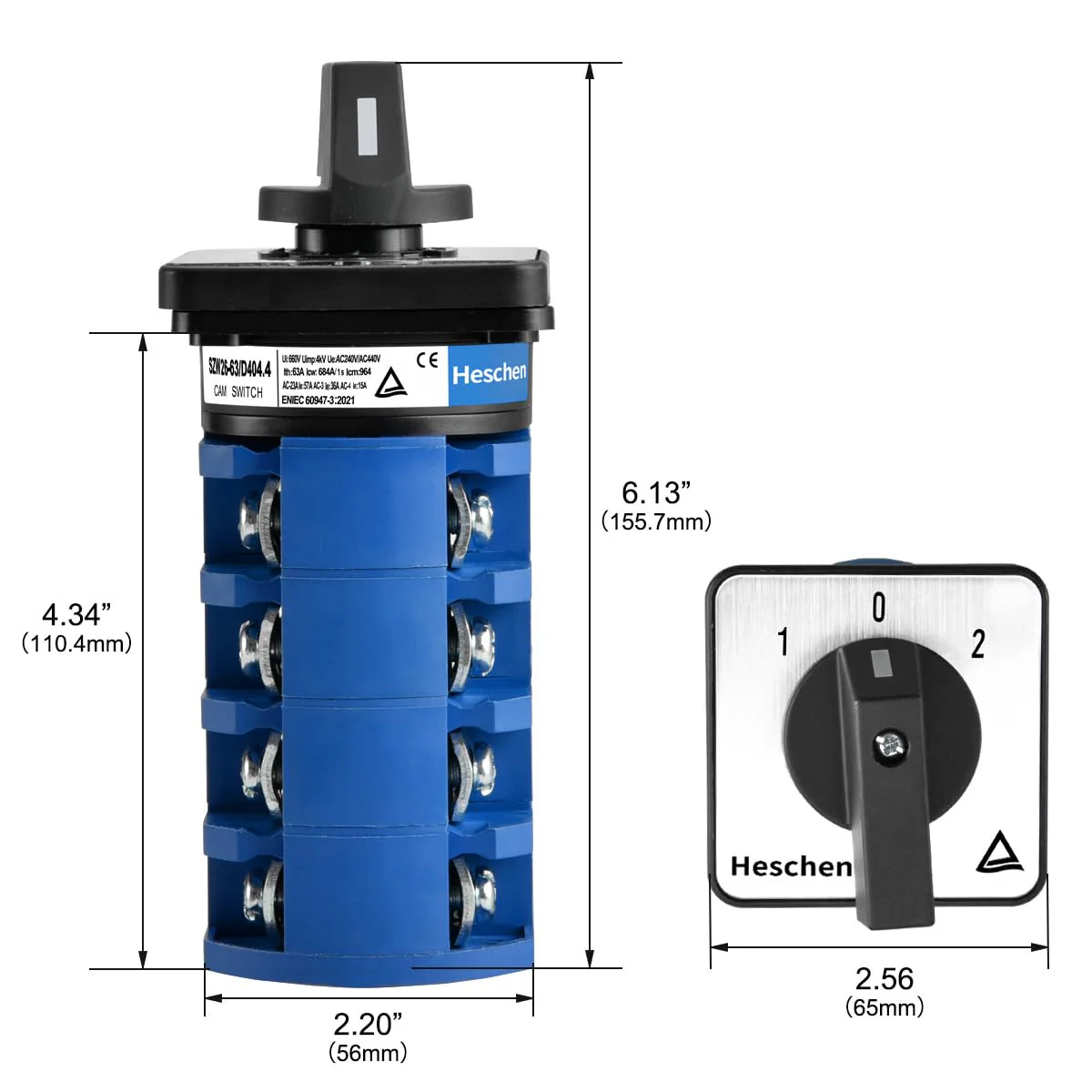 Heschen Universal Rotary Cam Selector Changeover Switch, SZW26-63/D404.4, 660V 63A, ON-Off-ON 3 Position 4 Phase, 4NO+4NC, 16 Terminals, CE - Image 3