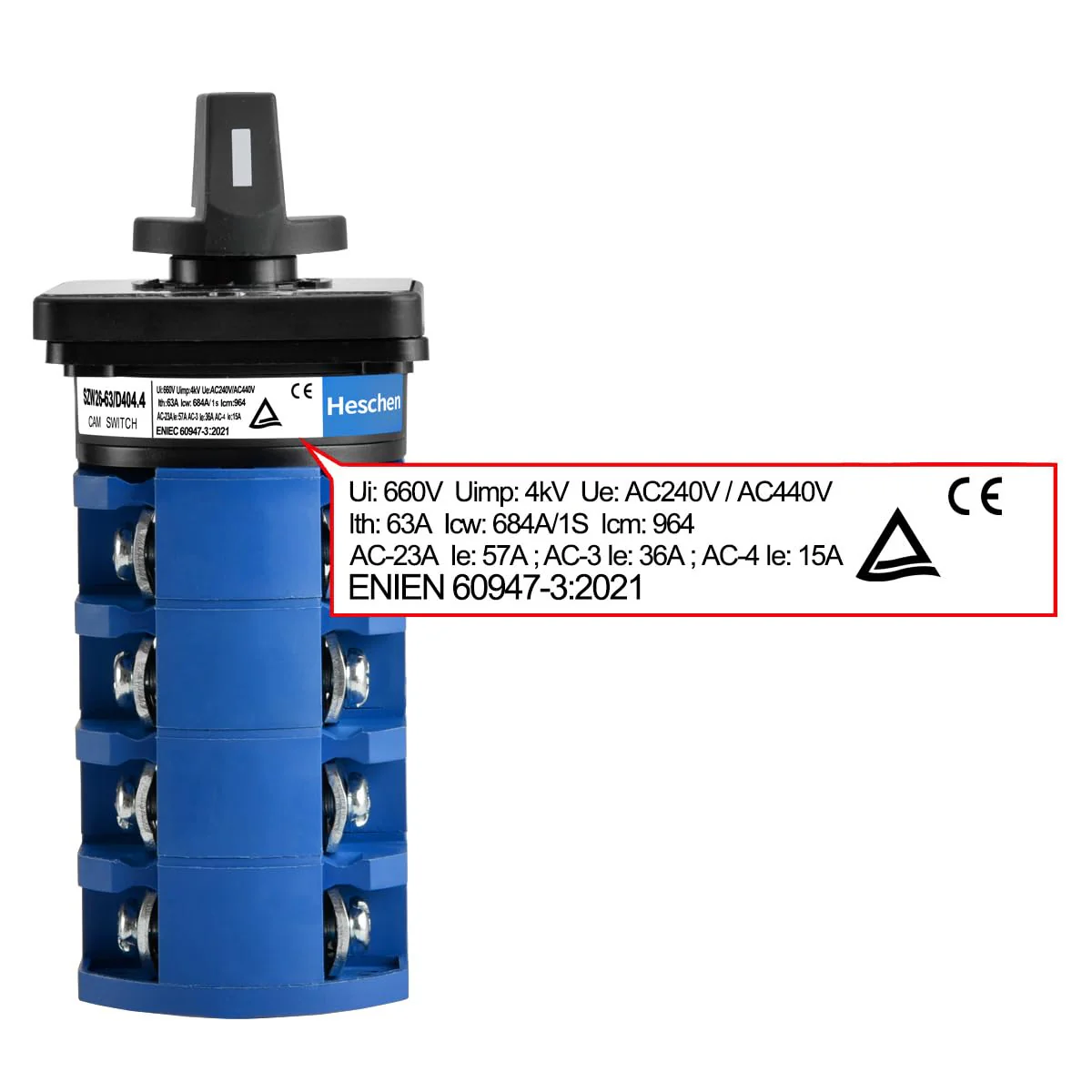 Heschen Universal Rotary Cam Selector Changeover Switch, SZW26-63/D404.4, 660V 63A, ON-Off-ON 3 Position 4 Phase, 4NO+4NC, 16 Terminals, CE - Image 4