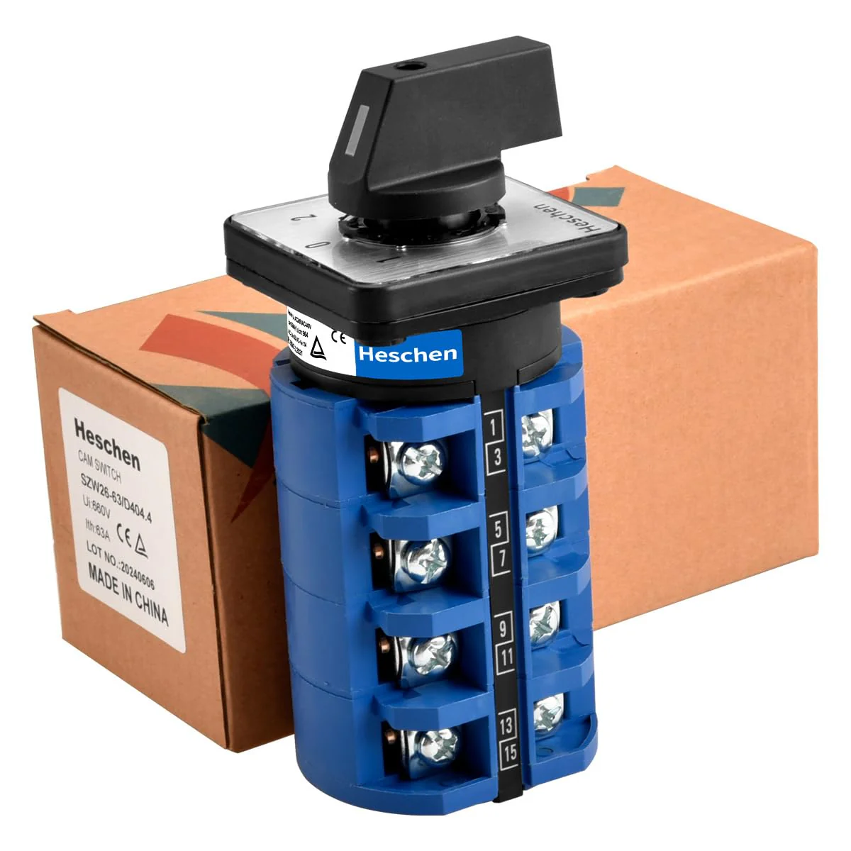 Heschen Universal Rotary Cam Selector Changeover Switch, SZW26-63/D404.4, 660V 63A, ON-Off-ON 3 Position 4 Phase, 4NO+4NC, 16 Terminals, CE - Image 5