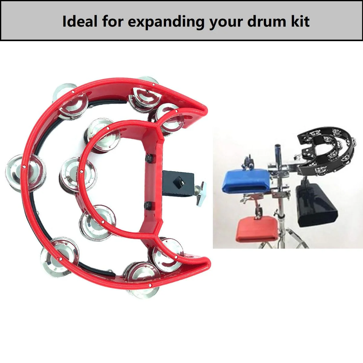 Hi Hat Tambourine Half Moon Drum Set Tambourine Mount Double Row Hi Hat Bells with Mounting Eye Bolt Tambourine for Drum Kit Percussion Accessories Red - Image 5