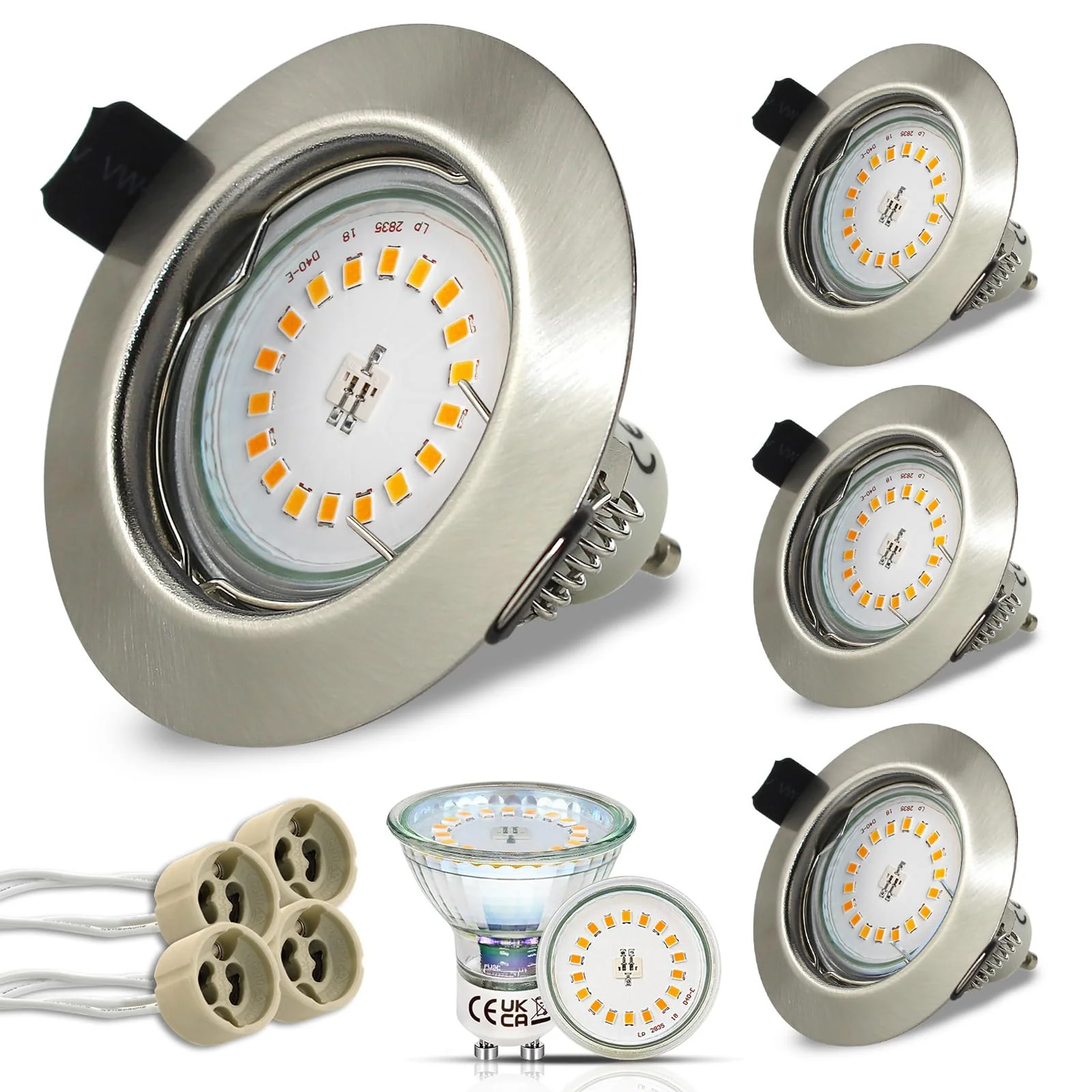 HiBay Set of 4 LED Recessed Spotlights GU10 Mounting Frame 5 W Warm White LED Spotlight 230 V Brushed Stainless Steel Round Includes GU10 Socket