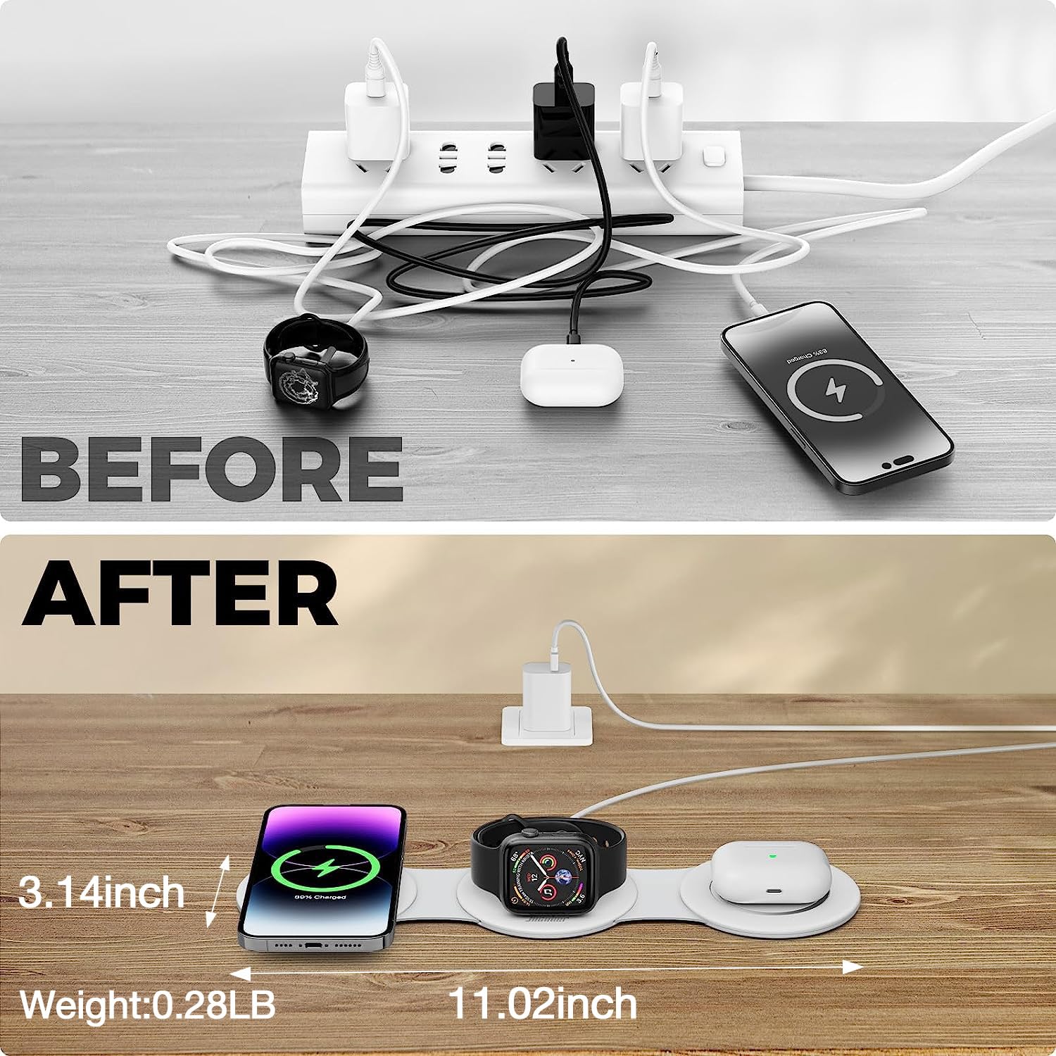 Hicober 3 in 1 Wireless Charging Station for iPhone 15, Magnetic Foldable Travel Charger Station Stand 18W for iPhone 16 15 14 13 12 Pro/Max/Plus/Apple Watch All Series & Airpods White - Image 2