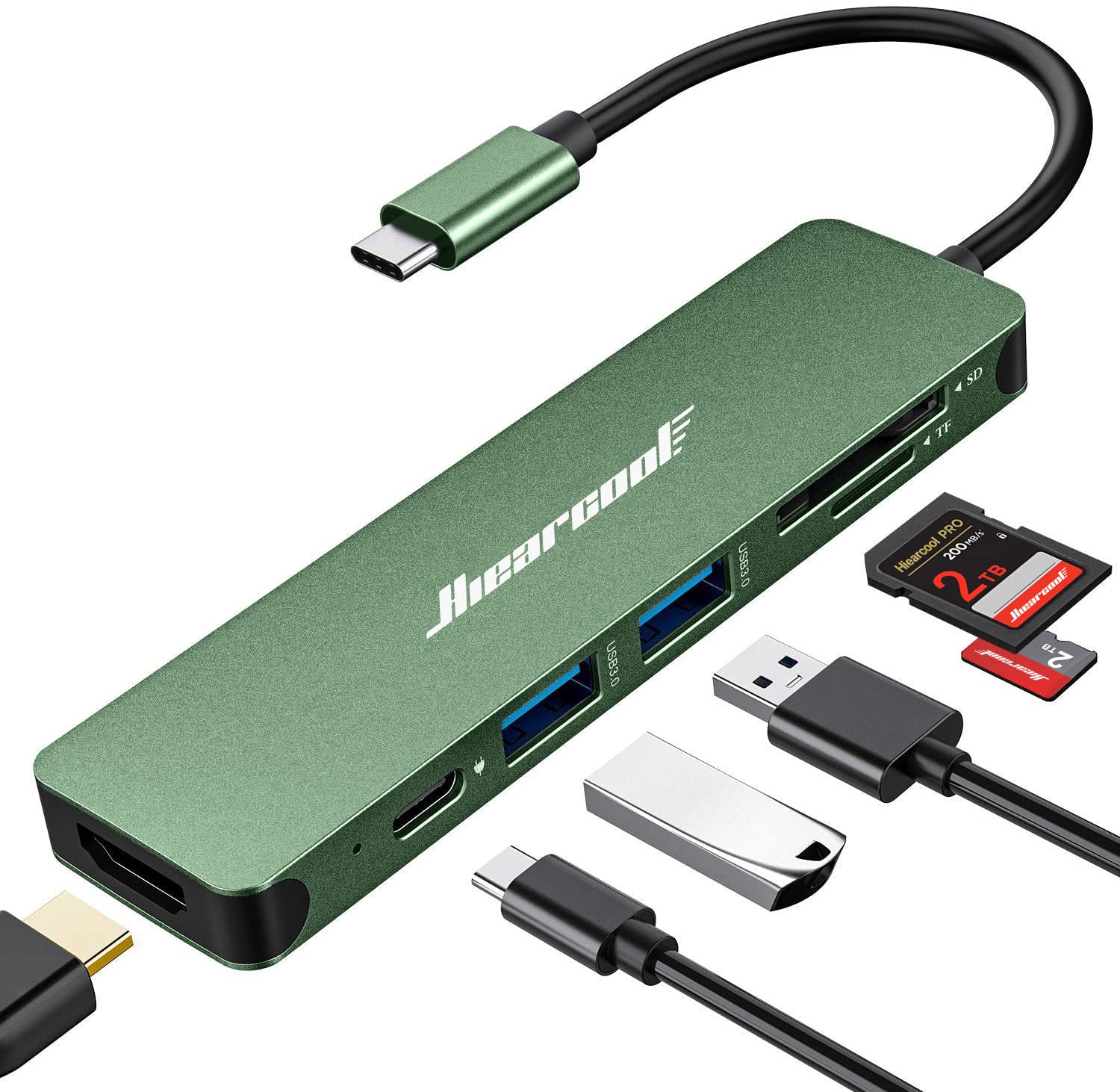 Hiearcool USB C Hub, USB C Adapter, 7 in 1 USB C Dongle USB-C to HDMI Multi-Port Adapter Compatible for Thunderbolt 3 4 MacBook Pro Air Dell Lenovo HP Laptops and Other Type C Devices-Green Green