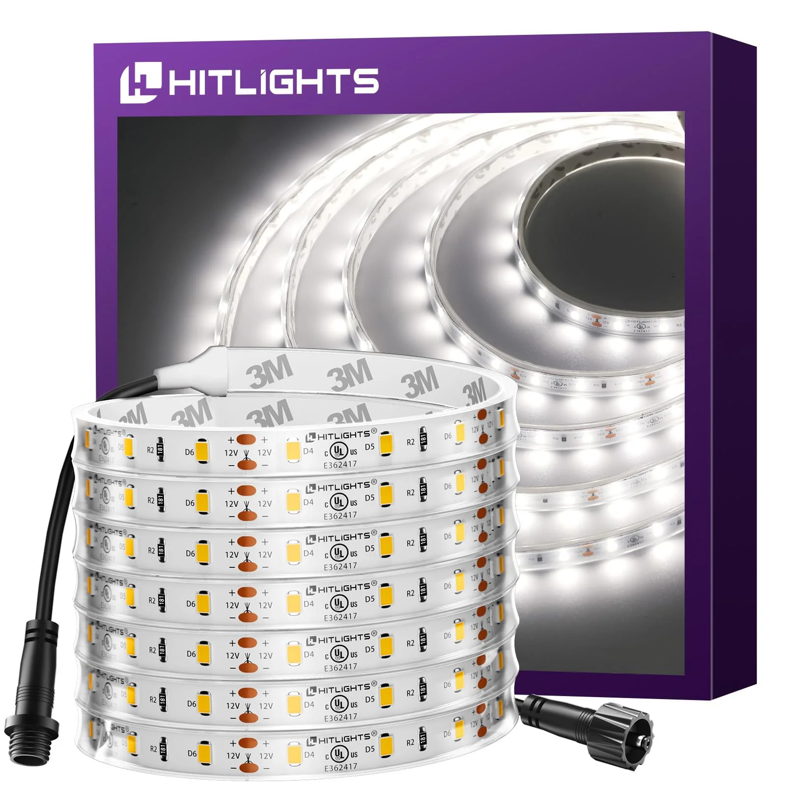 HitLights Outdoor LED Strip Lights Waterproof White, 16.4ft Dimmable Tape Light 5000K, IP67, 300 LEDs, 150Lm/ft, 12V Flexible Rope Lights for Home, Balcony, Roof, Patio (Power Source Not Included) 16.4ft 300LEDs 5000K IP67 Waterproof