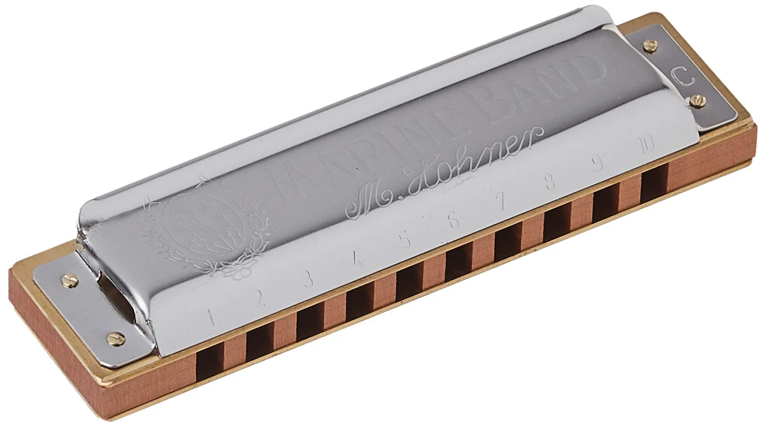 Hohner 1896BX Marine Band Tuned to Key of C Harmonica with 0.9mm Brass Reedplates, Single Laquered Pearwood Comb, and Arched Stainless Steel Covers
