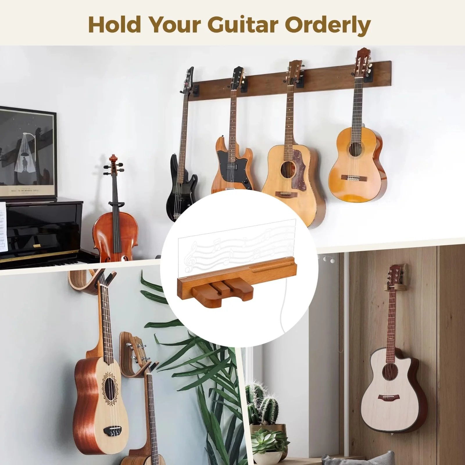 Homaisson Guitar Wall Mount Stand with LED Lights - Wooden Guitar Hanger Shelf with Pick Organizer for Acoustic Electric Guitar Bass, Music Gifts for Men Guitar Players Boyfriend - Image 5