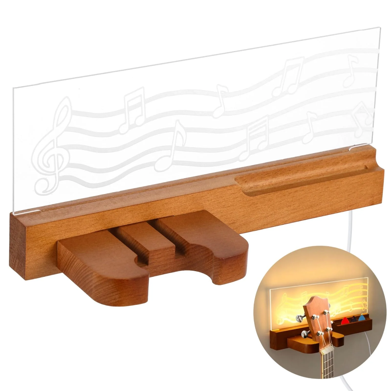 Homaisson Guitar Wall Mount Stand with LED Lights - Wooden Guitar Hanger Shelf with Pick Organizer for Acoustic Electric Guitar Bass, Music Gifts for Men Guitar Players Boyfriend - Image 6