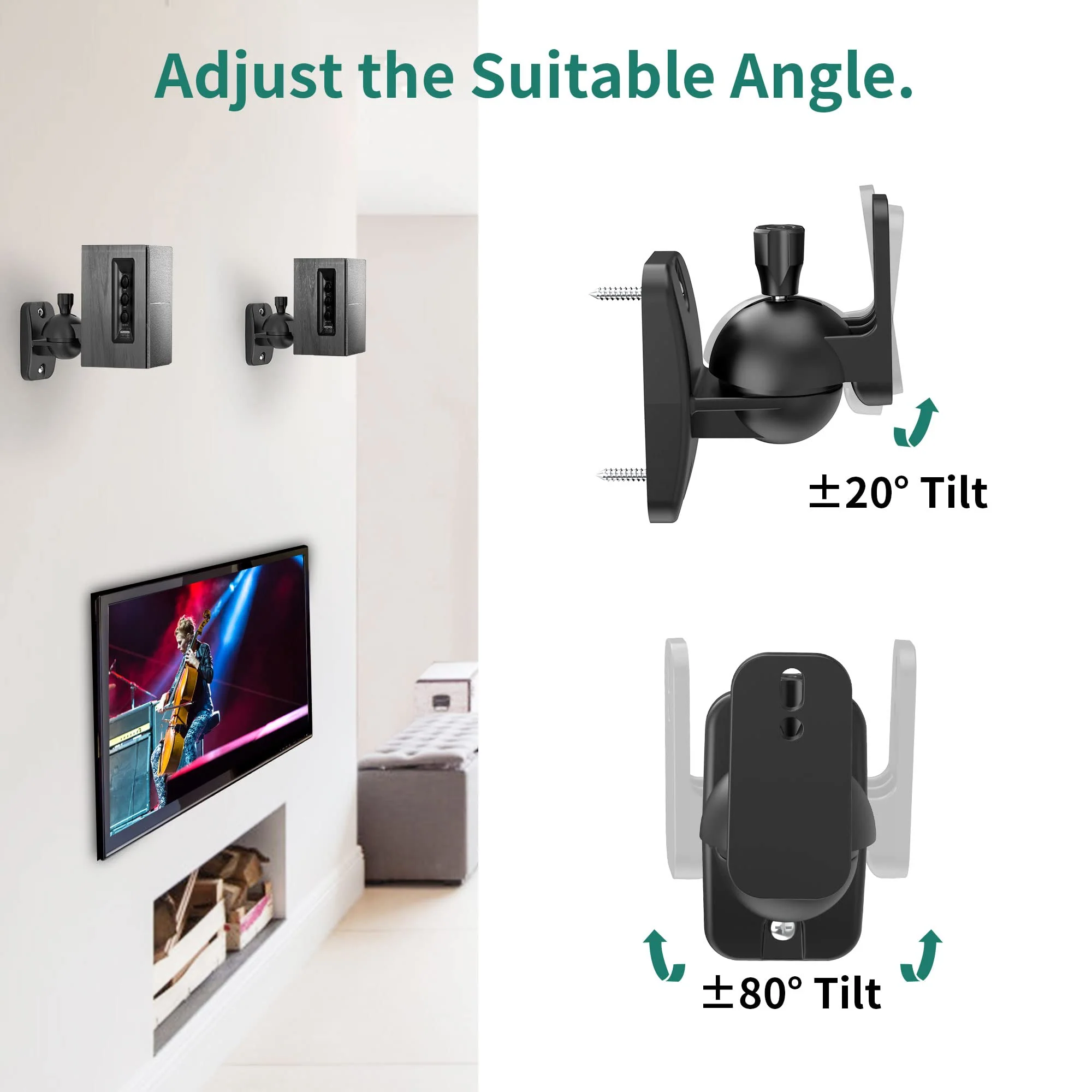 HomeMount Speaker Wall Mount Brackets - Surround Speaker Wall Mounts Kit, Bookshelf Speaker Wall Screws Mounts, Hold up to 8 lbs, 2 Pack, Black 2P-Black - Image 3