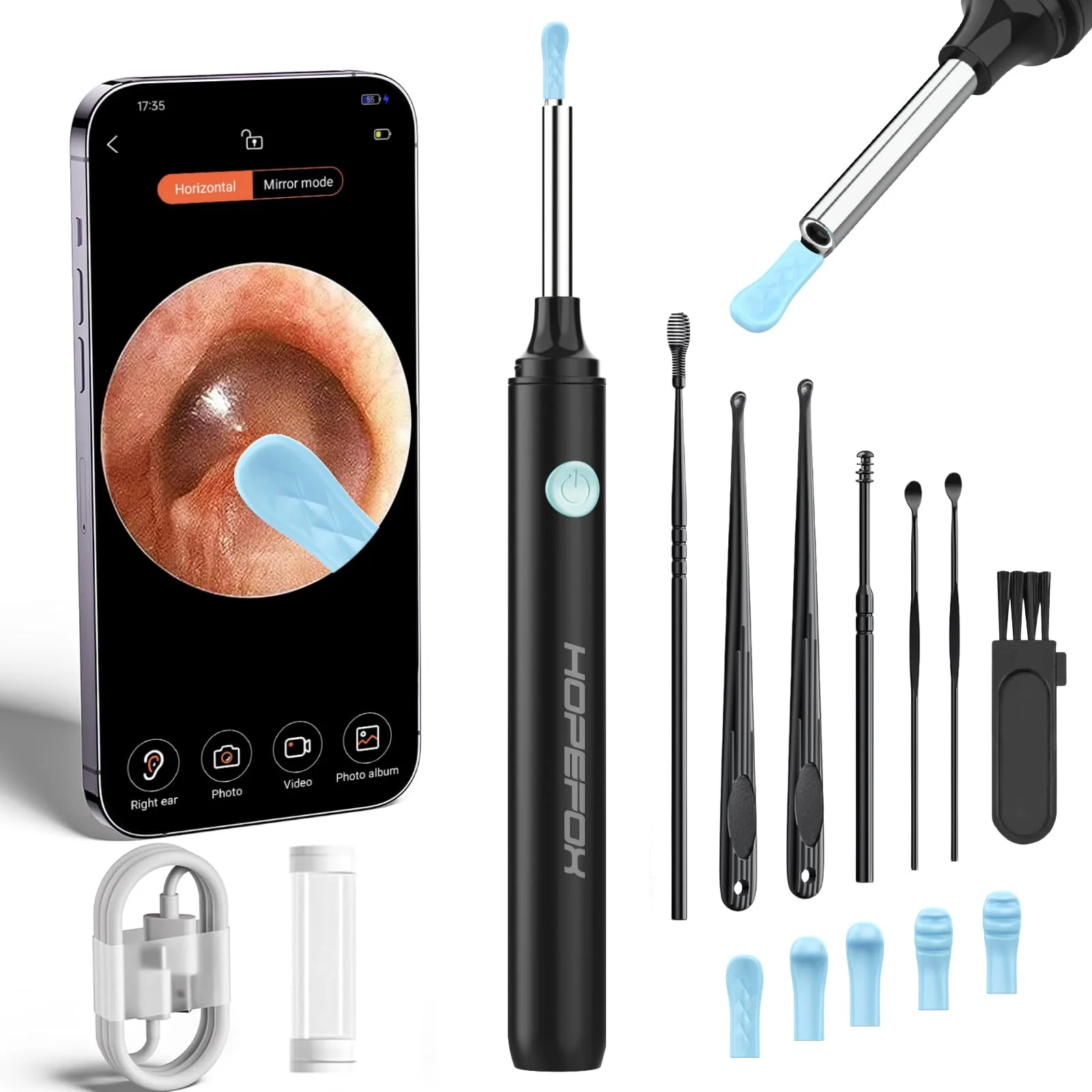 Hopefox Ear Wax Remover Otoscope, 1080P HD WiFi Ear Cleaner with Camera and 6 LEDs Lights, Ear Cleaning for Baby, Children, Adults 2-Black