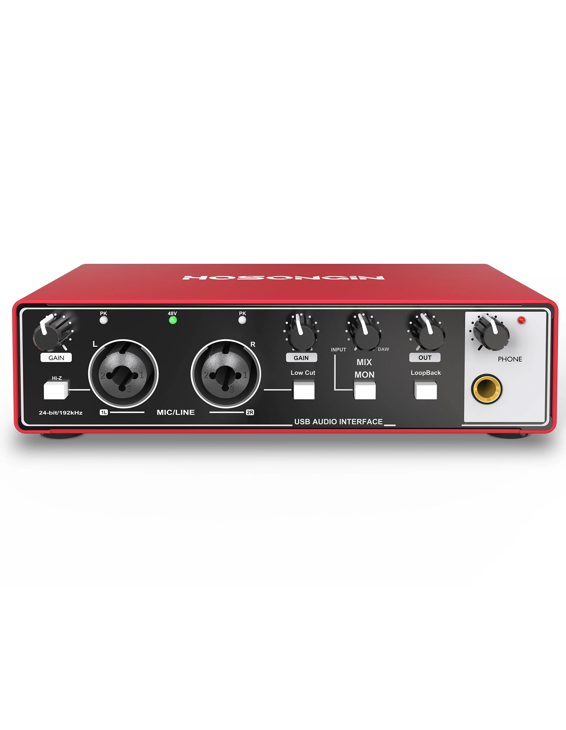 HOSONGIN 2i2 USB Audio Interface for Beginners - 24Bit/192kHz, 48V Phantom Power, Plug & Play Recording for Podcast/Vocals/Guitar/Youtube, PC/Mac/iOS Compatible (Red Metal) H-A002 - Image 2
