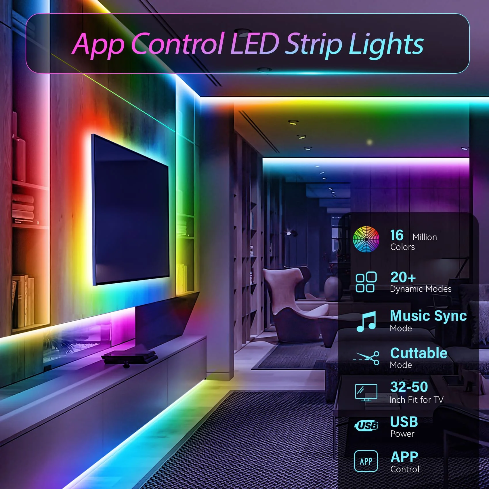 HOUHUI LED Strip Lights Kit, 2x9.8Ft RGB LED Lights Strip for 32-50in TV LED Backlight, App Control Strip Light Waterproof IP65 with Remote, Music Sync USB TV LED Light Strip for Home PC Monitor Desk - Image 4