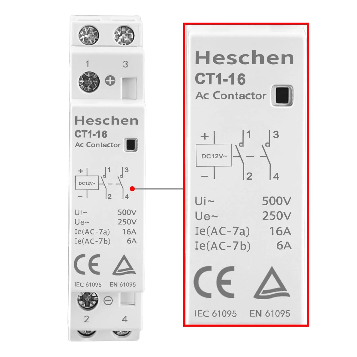 Household AC Contactor, CT1-16, Ie 16A, 2 Pole, Two Normally Open, DC 12V Coil Voltage, 35mm DIN Rail Mount - Image 4