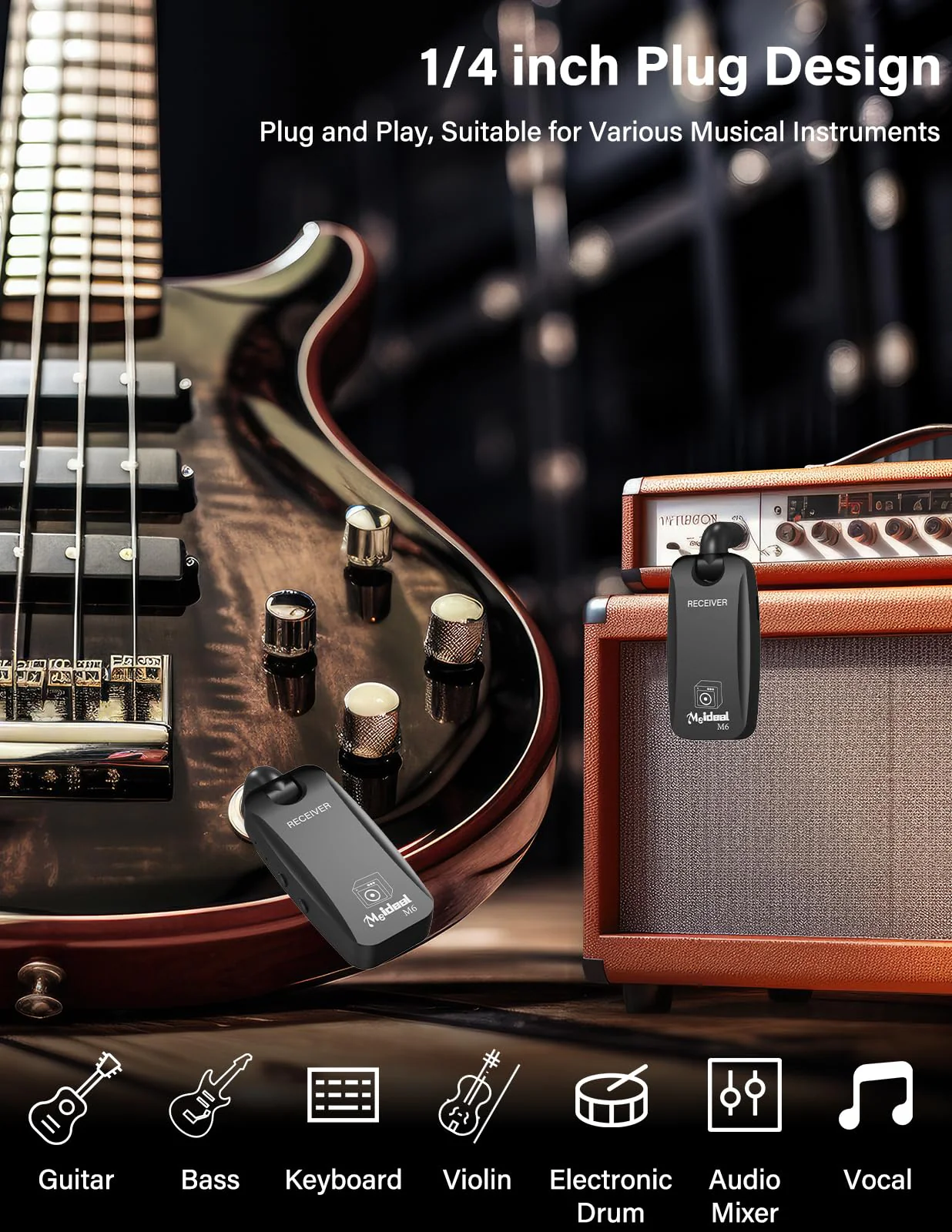 Housiwill 5.8GHz Wireless Guitar System, Rechargeable Wireless Guitar Transmitter Receiver Guitar Accessories Audio Wireless Transmitter Receiver for Electric Guitar Bass black - Image 3
