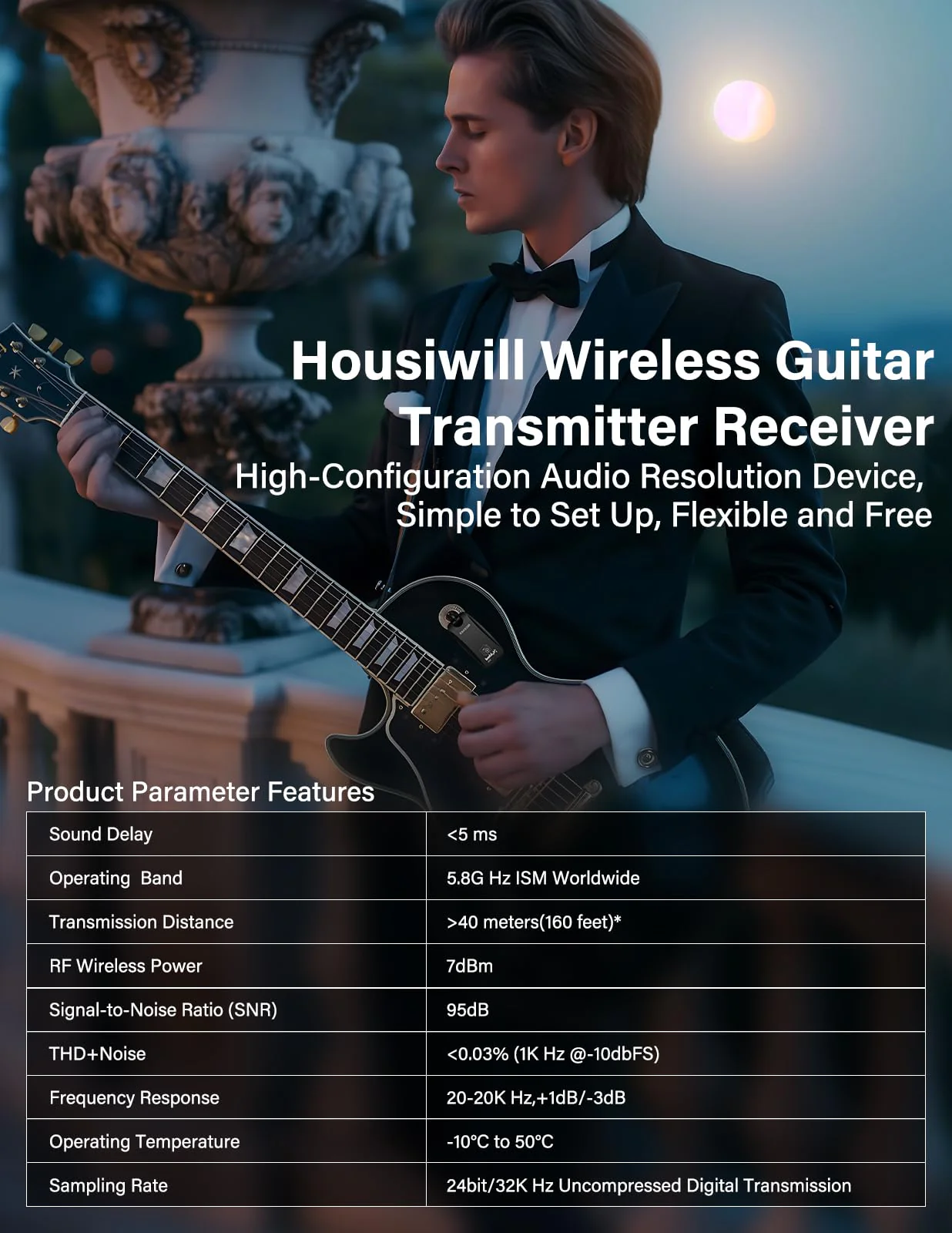 Housiwill 5.8GHz Wireless Guitar System, Rechargeable Wireless Guitar Transmitter Receiver Guitar Accessories Audio Wireless Transmitter Receiver for Electric Guitar Bass black - Image 4