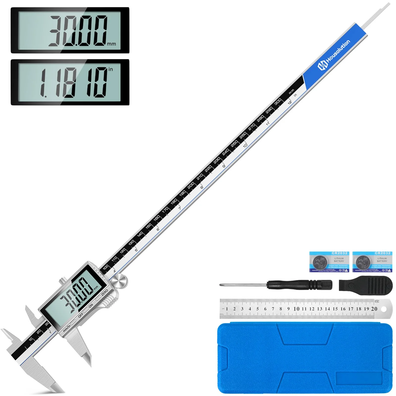 Housolution Digital Caliper, 12Inch Caliper Measuring Tool with Large LCD Screen, Inch/MM Switch, 4 Measuring Ways, Stainless Steel Micrometer Vernier Caliper with Splashproof Screen for Woodworkers 12inch/300mm
