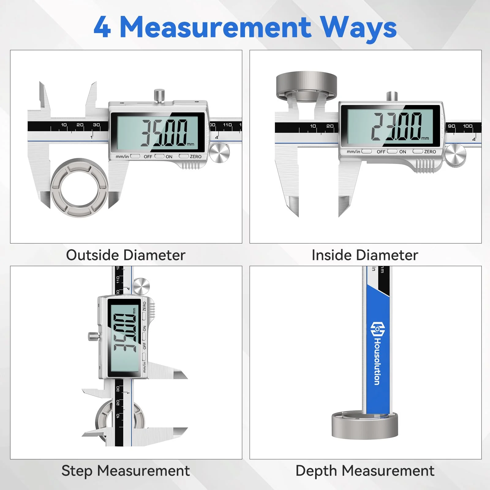 Housolution Digital Caliper, 12Inch Caliper Measuring Tool with Large LCD Screen, Inch/MM Switch, 4 Measuring Ways, Stainless Steel Micrometer Vernier Caliper with Splashproof Screen for Woodworkers 12inch/300mm - Image 6