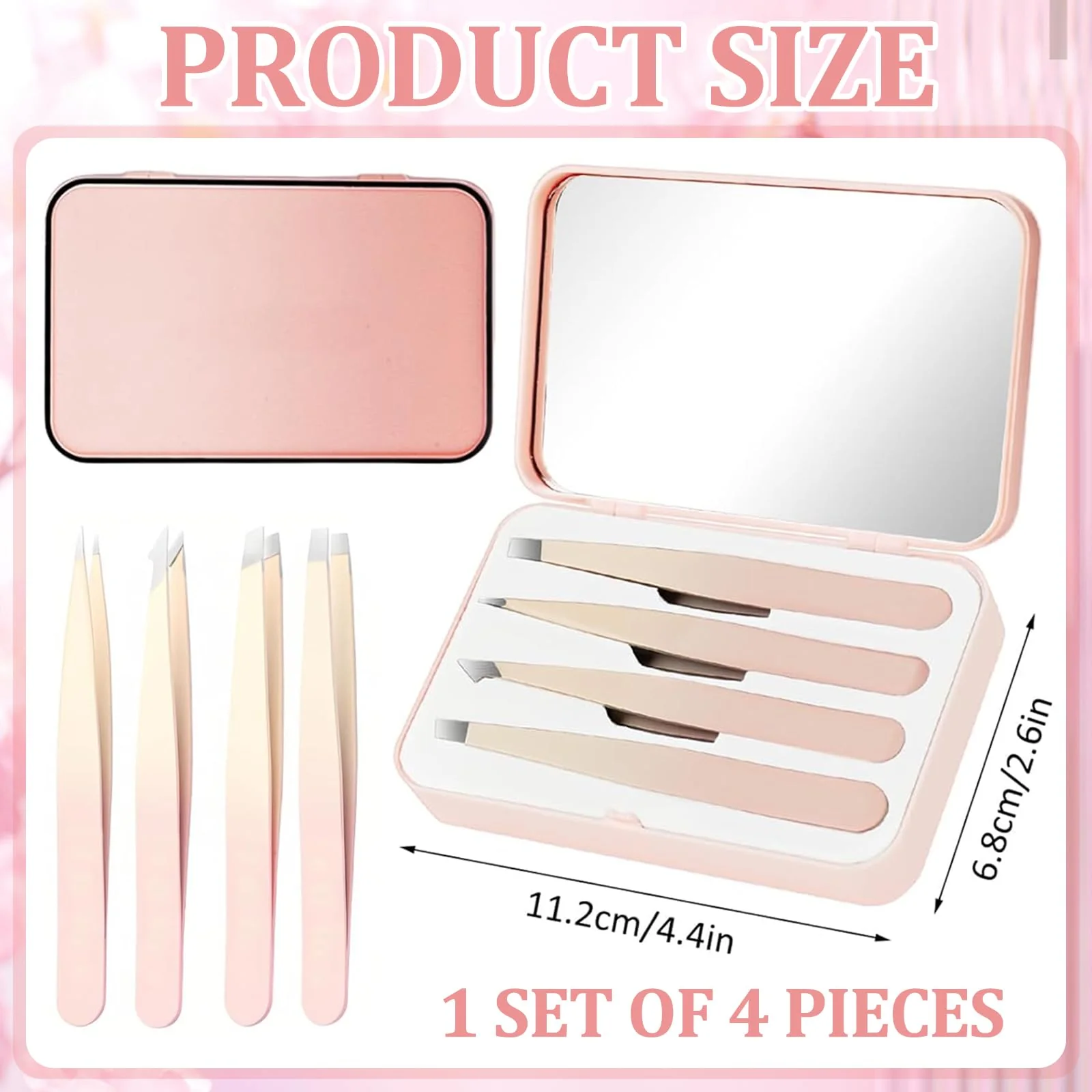 Hshenjhu Set of 4 Tweezers for Facial Hair for Women, Precision Tweezers with Travel Case, Tweezers with Mirror, Stainless Steel Tweezers for Eyebrows for Women and Men (Pink) - Image 2