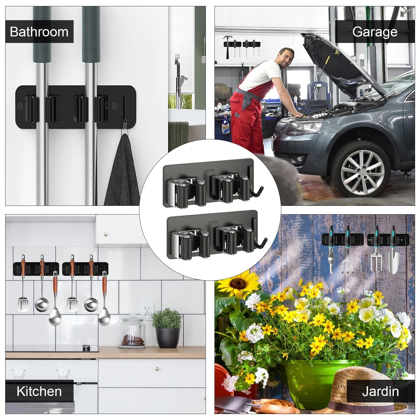 HTRTRR Broom Holder Wall 2 Pieces, 3 in 1 Tool Holder Stainless Steel Garden Tool Holder Wall Mount Self-Adhesive Broom Holder for Kitchen, Home, Bathroom, Garage, Garden - Image 7