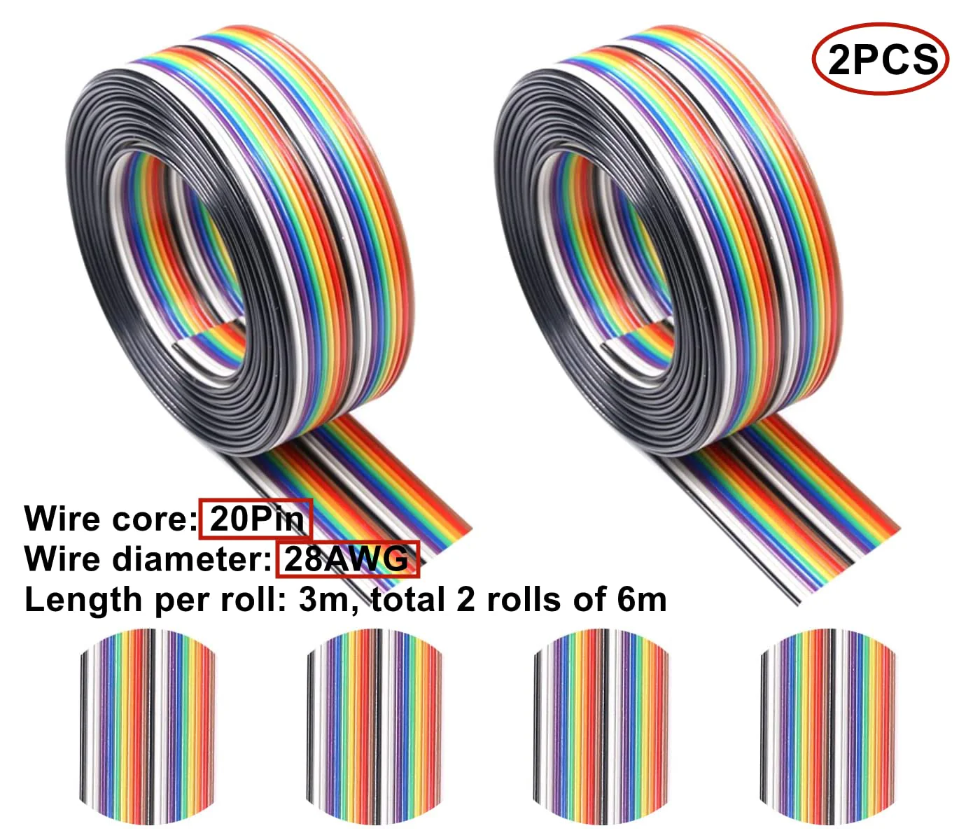 HUAZIZ 2 Rolls of Colourful Ribbon Cable, 1.27 mm Spacing Cable, 20 Pin Flat Rainbow Ribbon Cable for 2.54 mm Connectors, IDC Cable Rainbow (3 Metres/Rolls) - Image 3