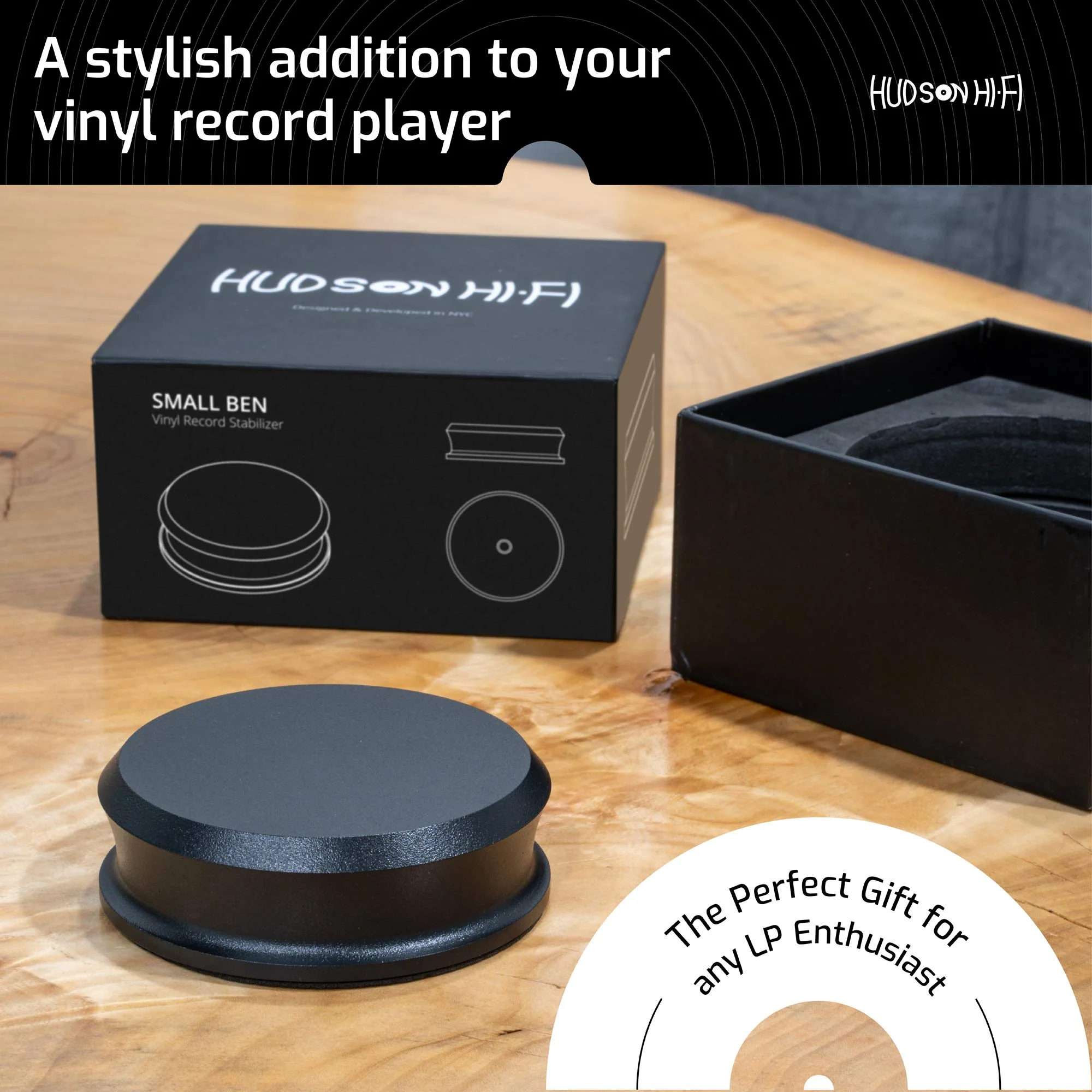 Hudson Hi-Fi SmallBen Record Weight Stabilizer with Protective Leather Pad - 9-Ounce Vinyl Turntable Weight - Durable & Stylish LP Stabilizer - Fits Any Turntable - Black Matte SMALLBEN_BLACK - Image 6
