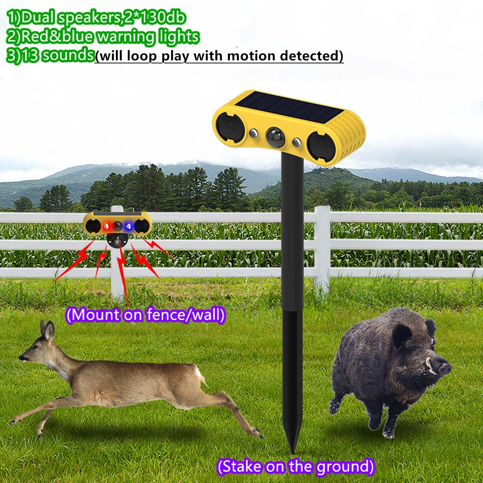 HULPPRE Solar Outdoor Motion Sensor Alarm-13 Sounds Including Dog Barking&Gunshot,2*130db Loud Noise Maker,4 Modes,Red&Blue Motion Activated Strobe Light,Say Goodbye to The Intruders 4 modes,13 sounds outdoor alarm - Image 4