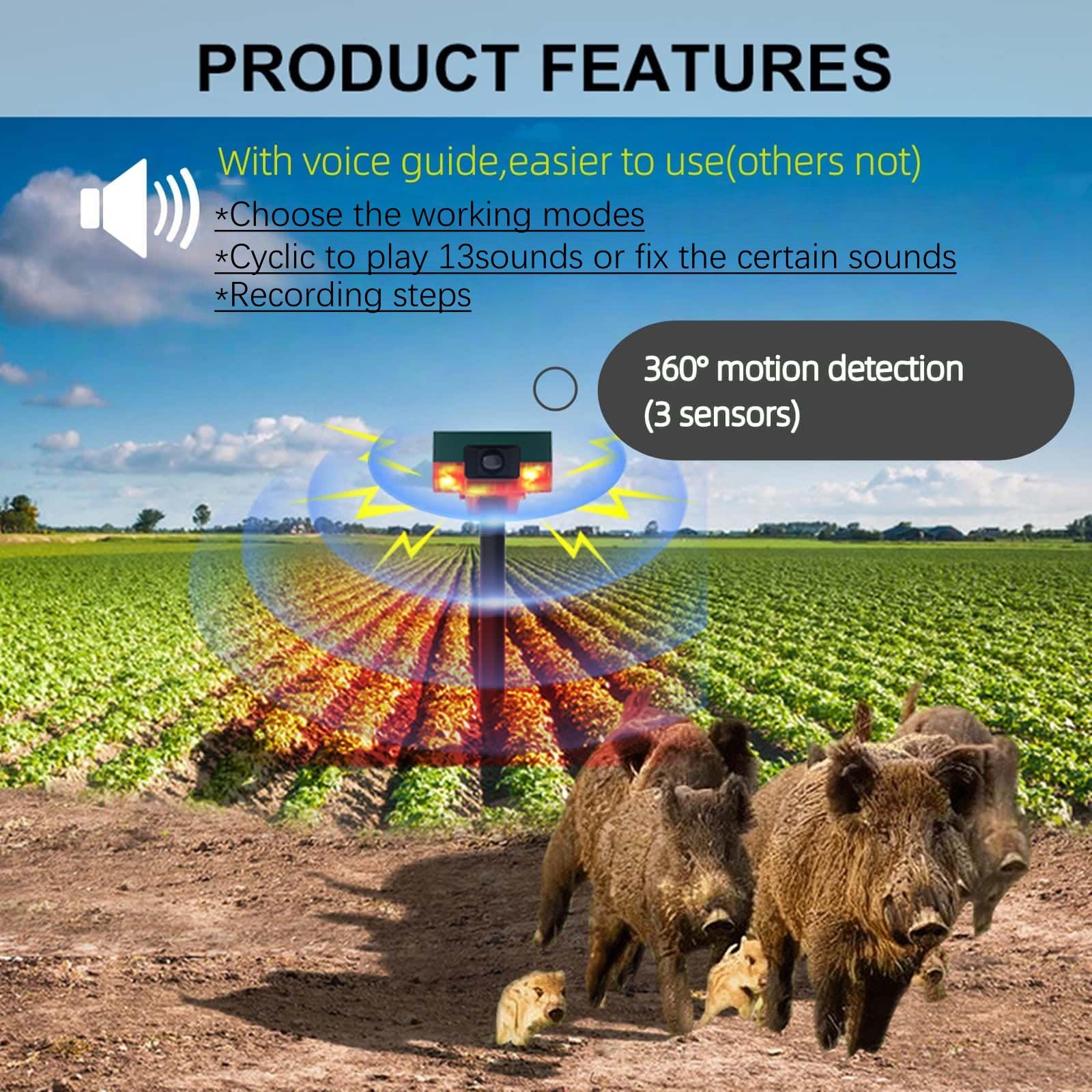 HULPPRE Solar Outdoor Motion Sensor Alarm-Dog Barking&Gunshot Sound,130db Loud Noise Maker,Support Recording,13 Kinds of Sound Strobe Light with USB,Say Goodbye to The Intruders - Image 4