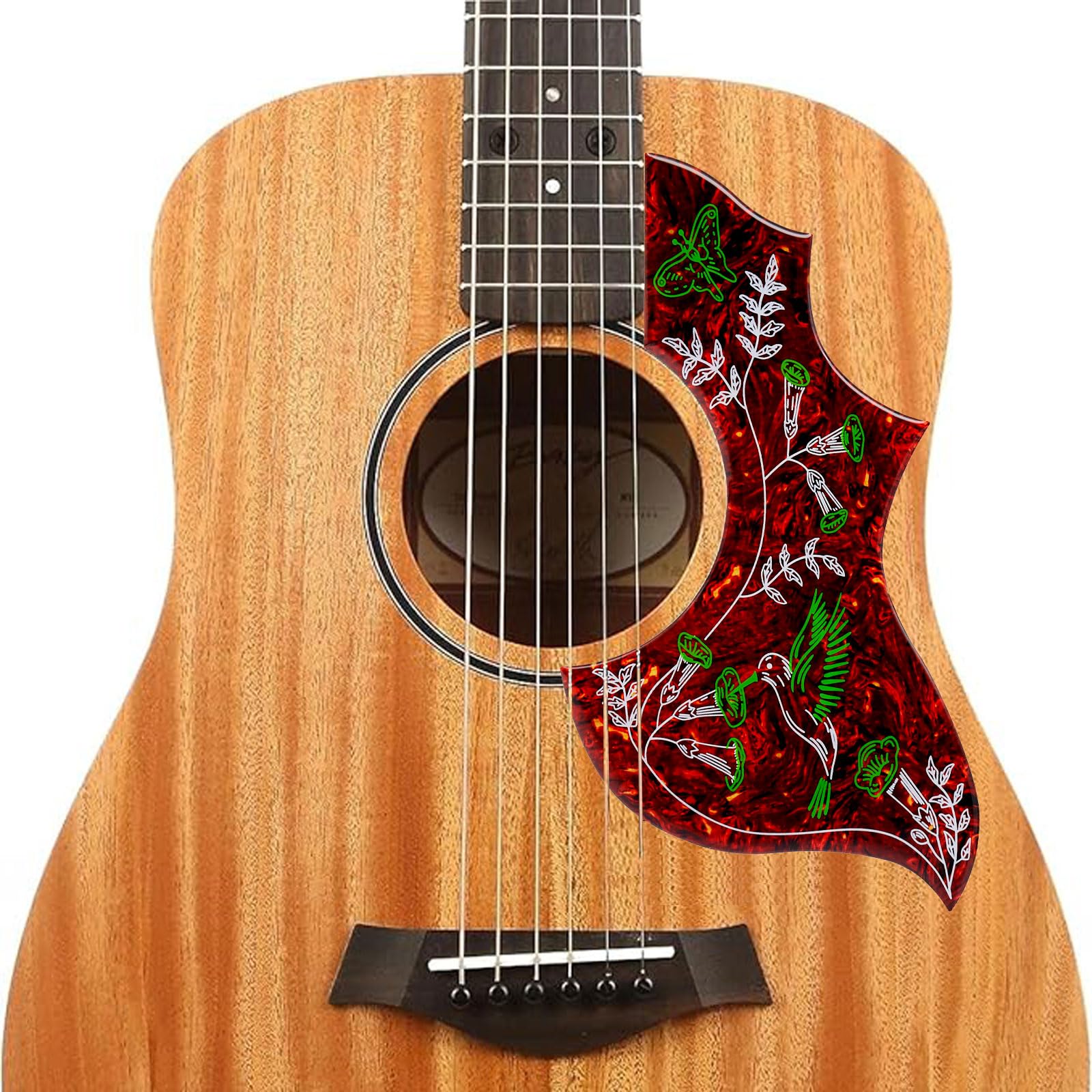 Hummingbird Pickguard for Folk Acoustic Guitar, Self Adhesive Wear-Resistant Thickened 2.4mm Scratch Plate, Pick-Compatible Design for Acoustic Guitars (Brown Red)