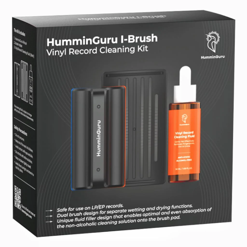 HumminGuru I-Brush Vinyl Record Cleaning Kit, Anti-Static Vinyl Record Cleaner Kit with Dual Velvet Pads Vinyl Record Brush + Alcohol-Free Record Cleaning Solution + LP Brush Holder (Orange: I-Brush) Orange: I-brush