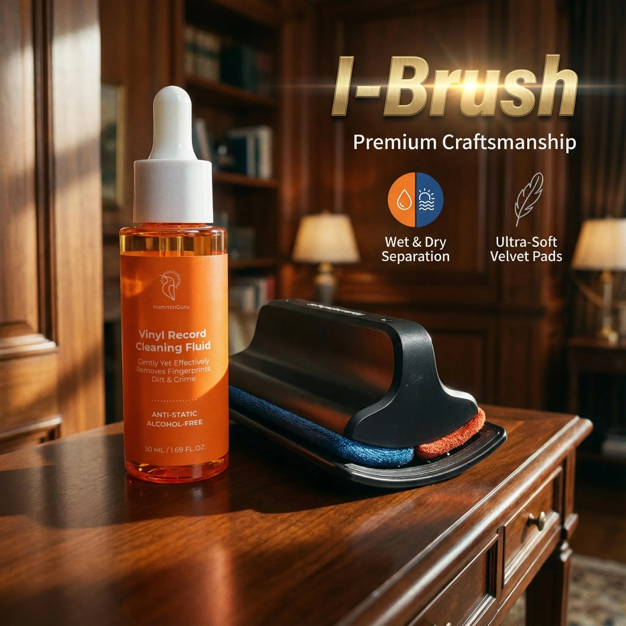 HumminGuru I-Brush Vinyl Record Cleaning Kit, Anti-Static Vinyl Record Cleaner Kit with Dual Velvet Pads Vinyl Record Brush + Alcohol-Free Record Cleaning Solution + LP Brush Holder (Orange: I-Brush) Orange: I-brush - Image 2